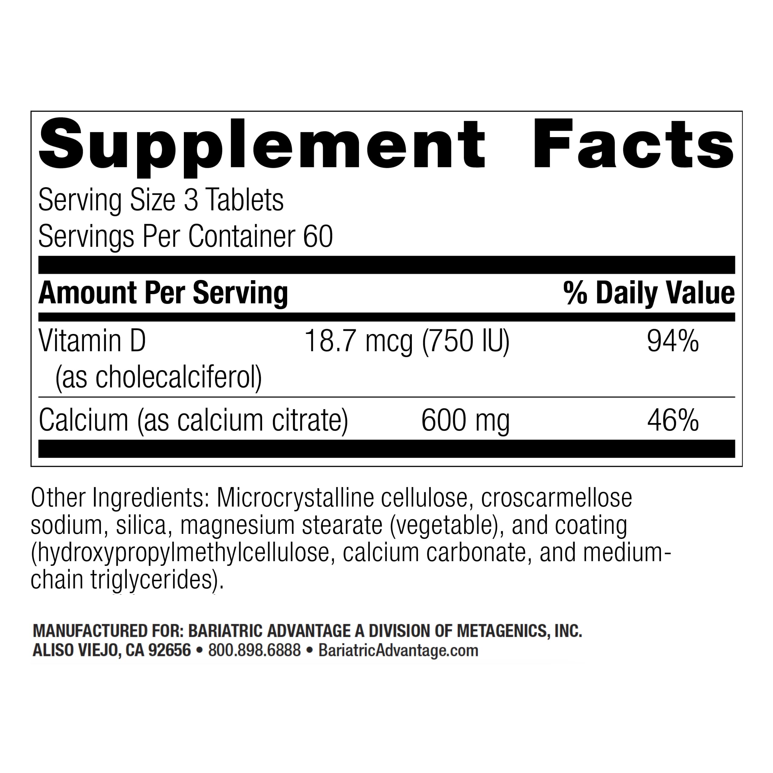 Bariatric Advantage Calcium Citrate 600 mg Non-Chewable | Vitamin D3 | 180 Tablets