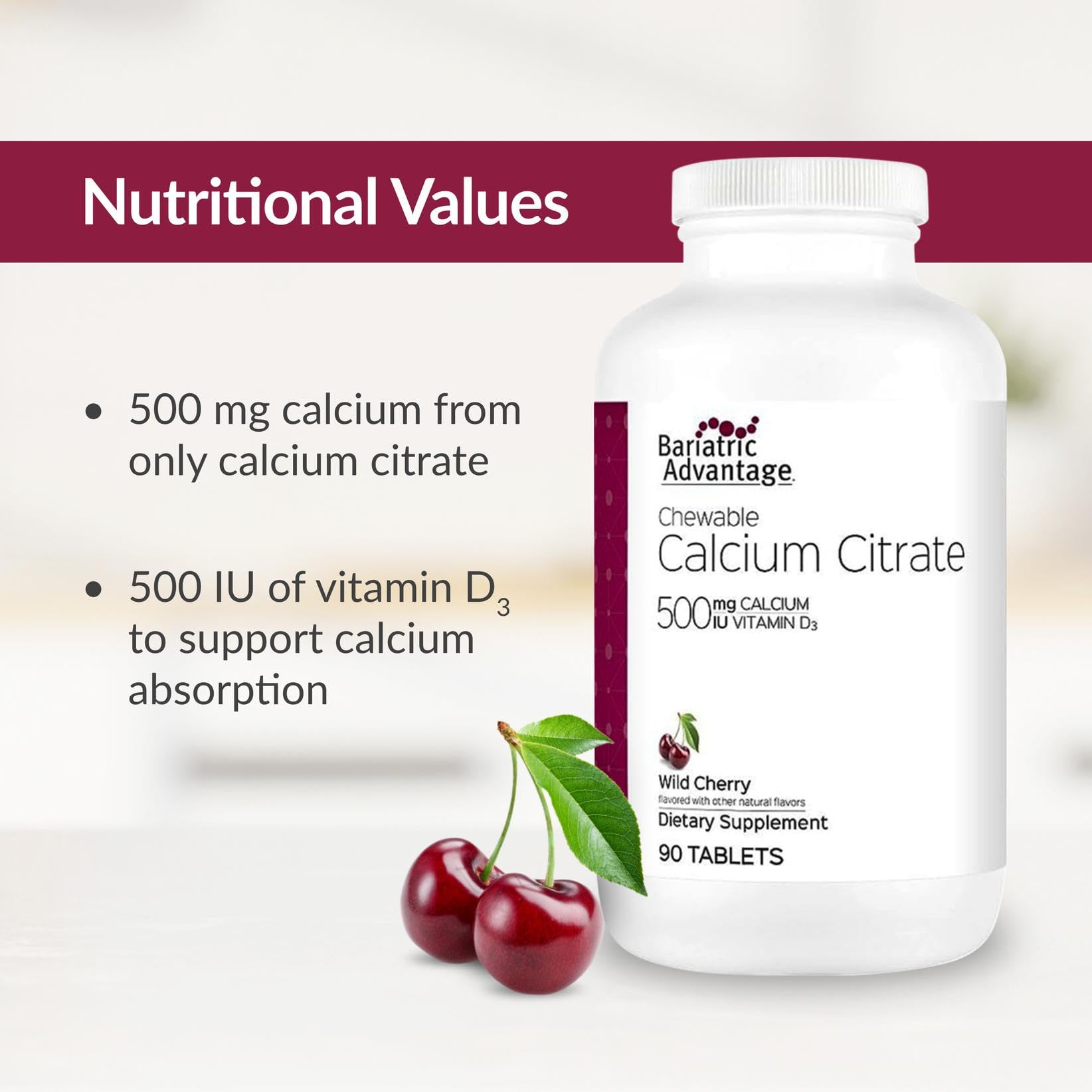 Bariatric Advantage Calcium Citrate Chewable 500 mg – Wild Cherry, 90 Count | Bariatric Surgery Bone Health