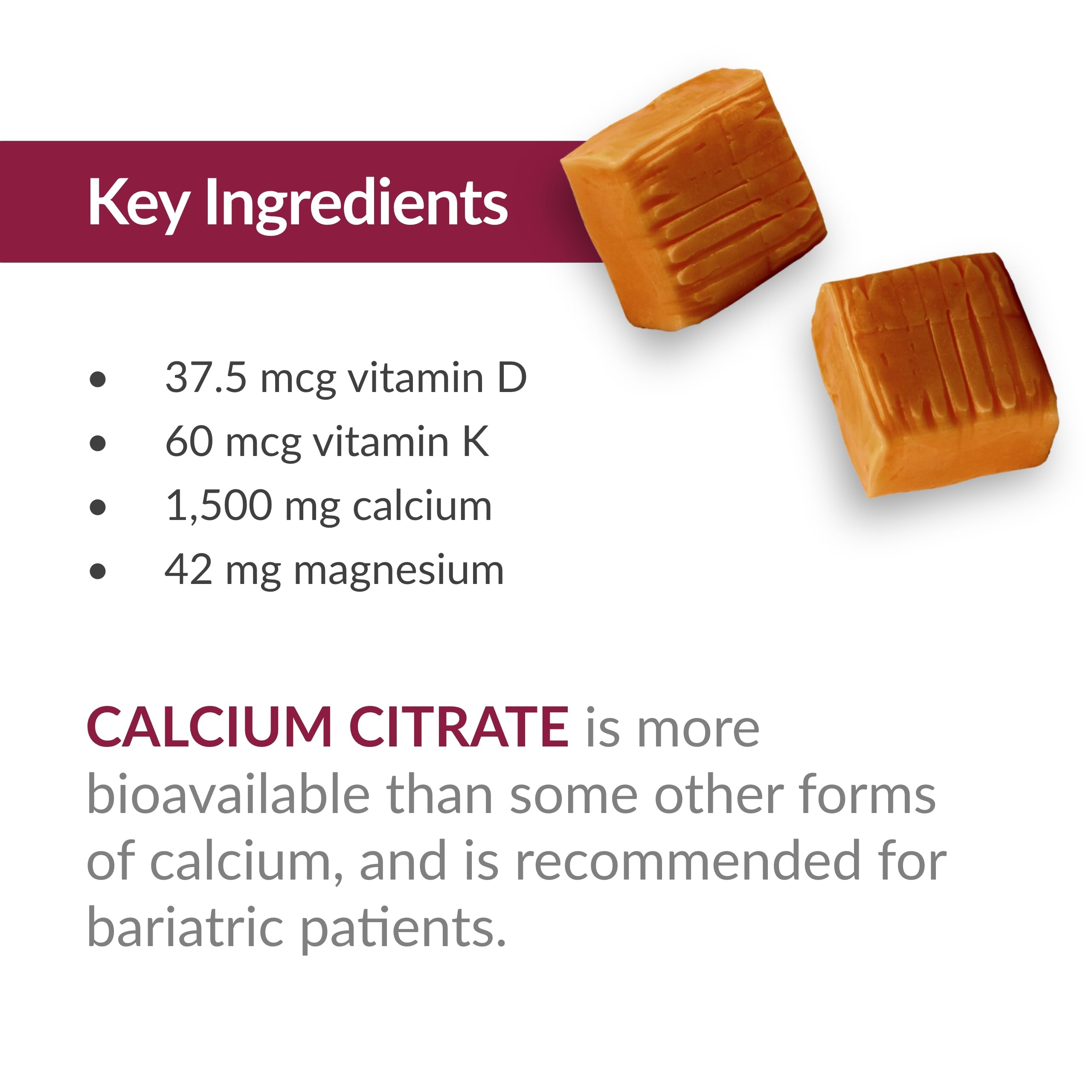 Bariatric Advantage Calcium Citrate Chewy Bites 250 mg with Vitamin D3 – Sugar-Free Caramel, 60 Count