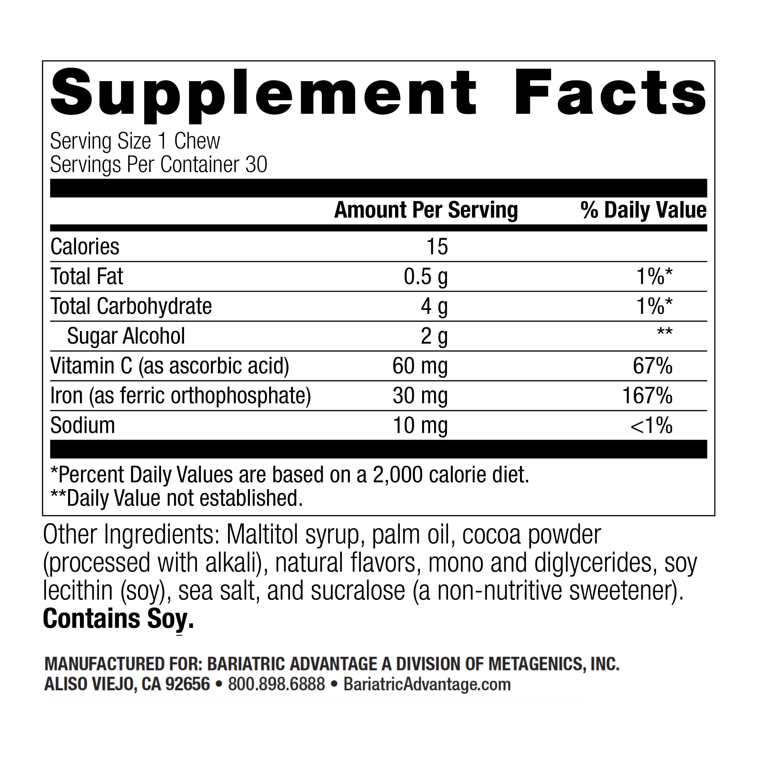 Bariatric Advantage Iron Chewy Bite Chocolate Raspberry Truffle (30 mg Iron, 60 mg Vitamin C) 30 Count (Pack of 2)