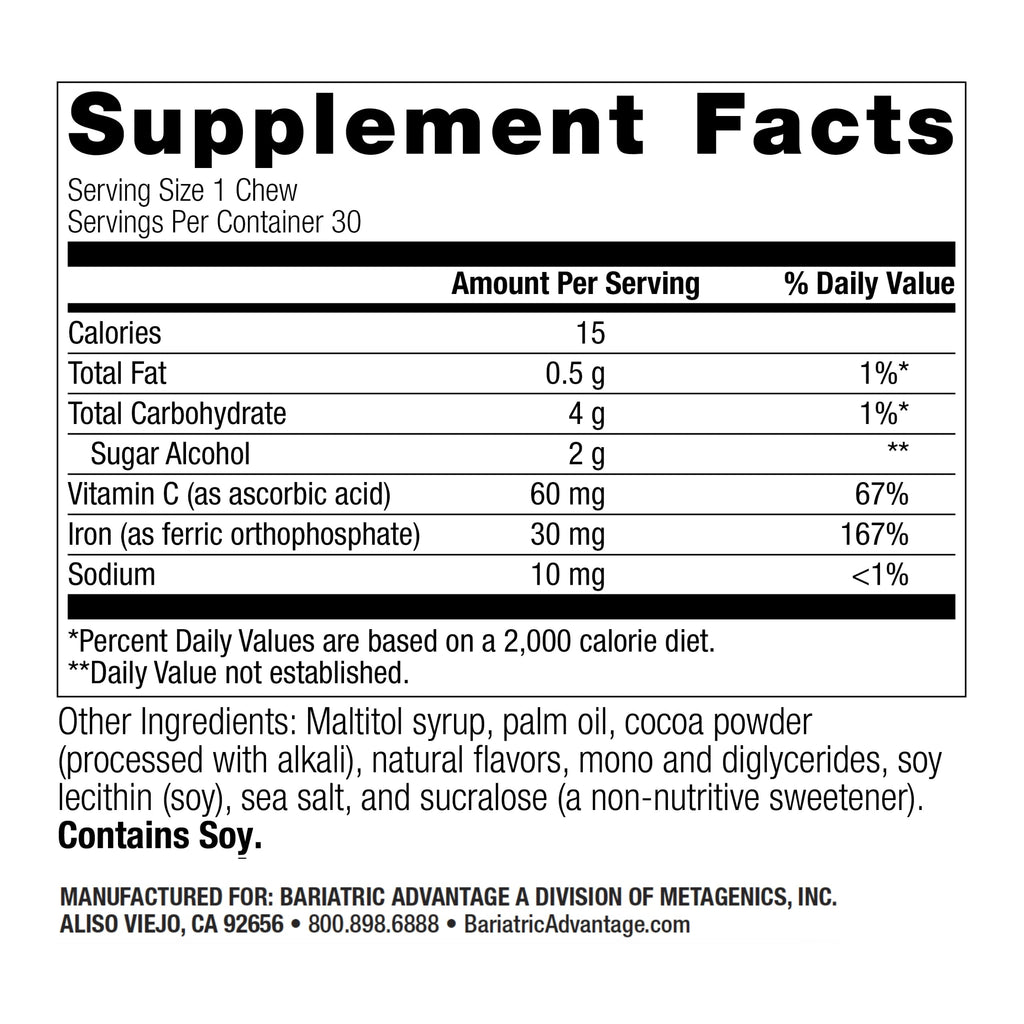 Bariatric Advantage Iron Chewy Bite – Chocolate Raspberry Truffle, 30 mg Iron, 60 mg Vitamin C, 30 Count