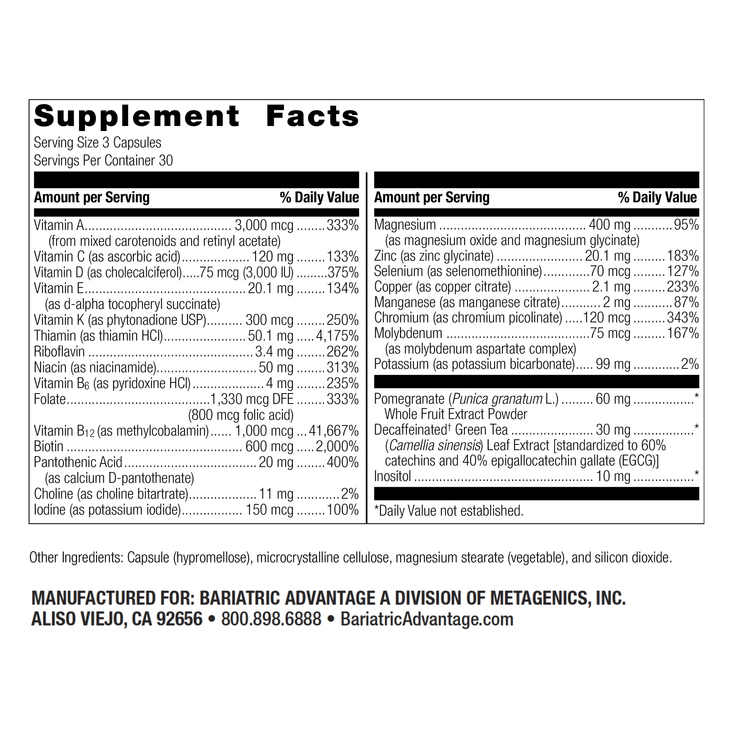 Bariatric Advantage Ultra Multi Without Iron – High Potency Bariatric Multivitamin (90 Capsules, 30 Servings)