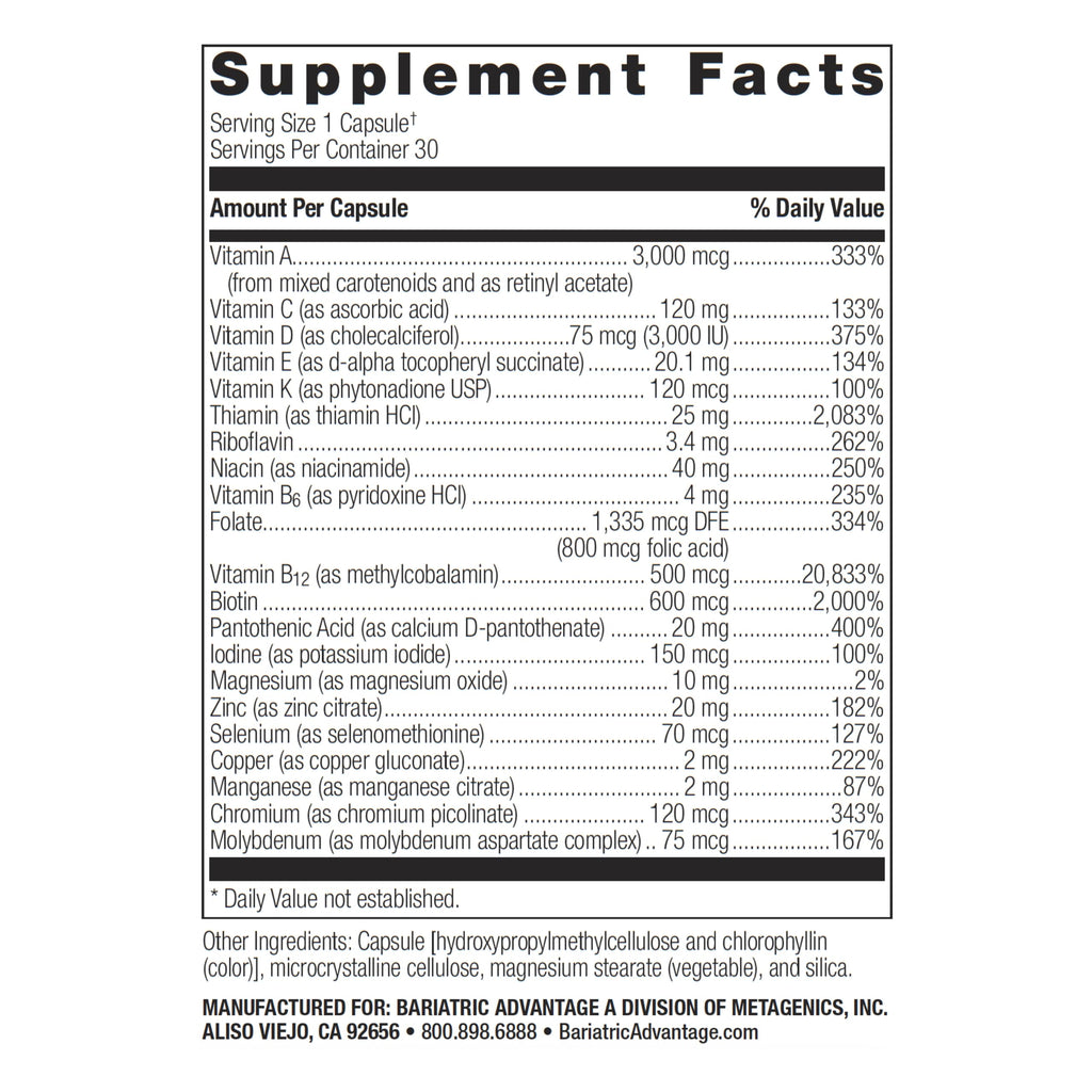 Bariatric Advantage Ultra Solo Without Iron – Once-Daily Bariatric Multivitamin (Gluten Free) 30 Count