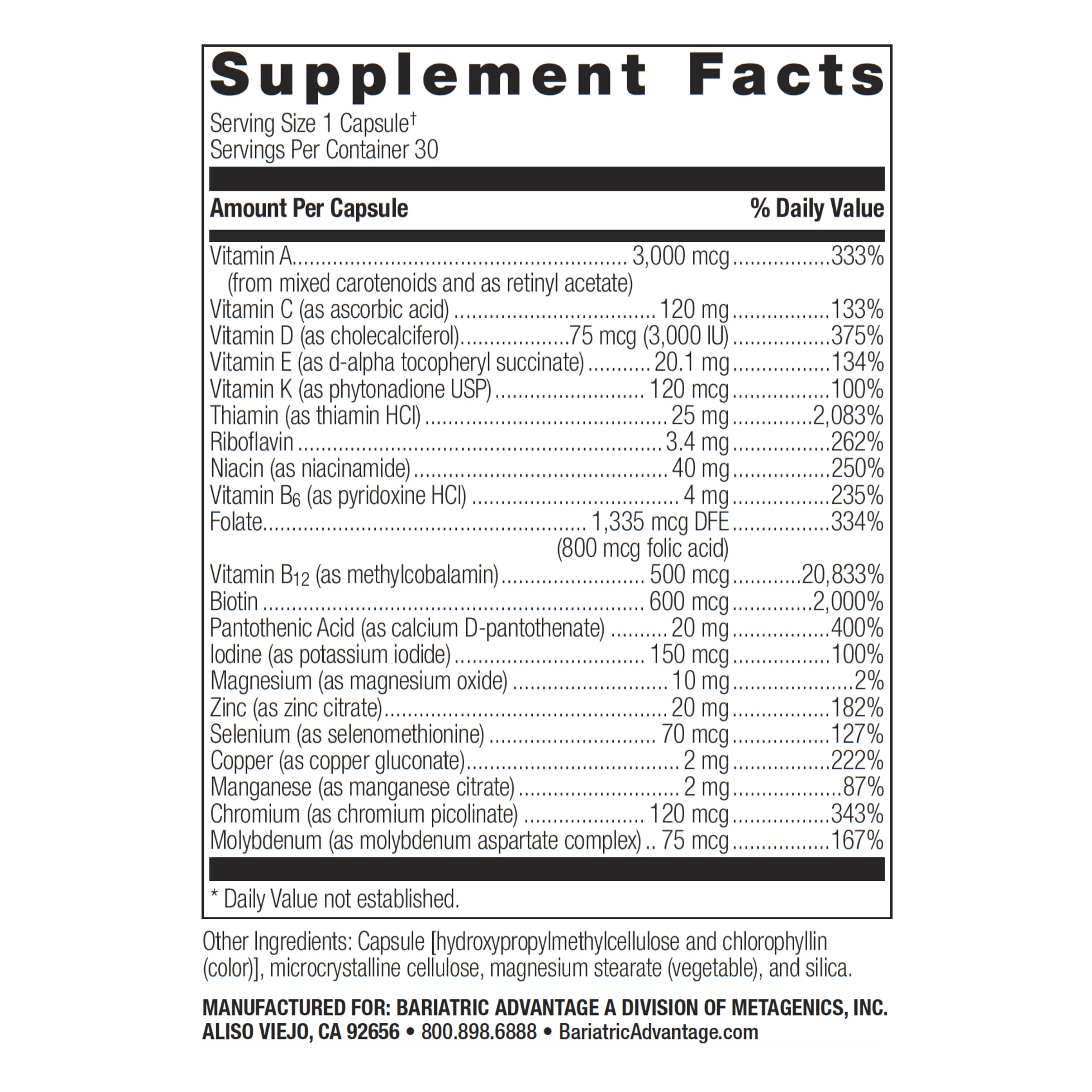 Bariatric Advantage Ultra Solo Without Iron – Once-Daily Bariatric Multivitamin (Gluten Free) 30 Count