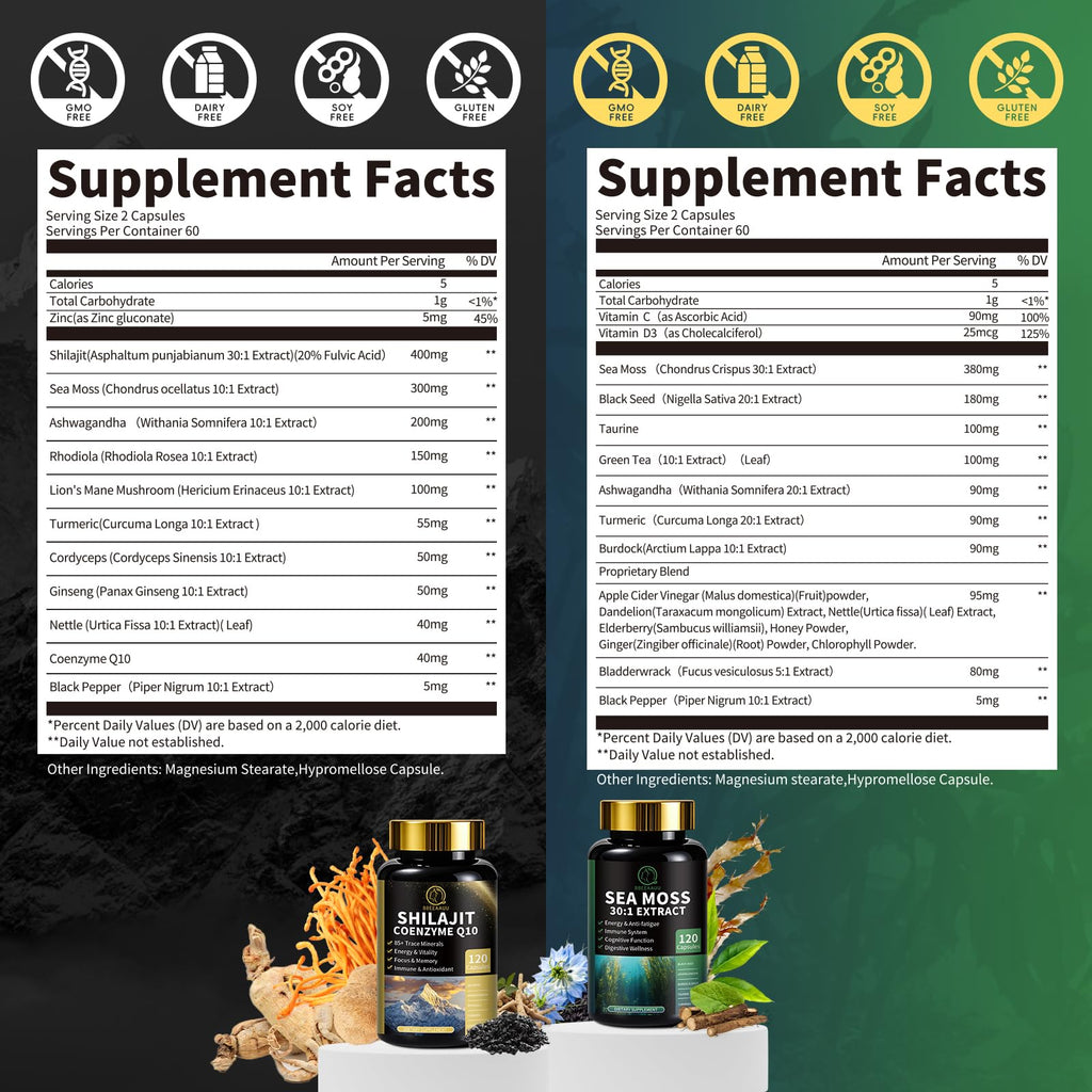 BBEEAAUU Sea Moss & Shilajit Bundle - Energy & Immunity, 480 Capsules