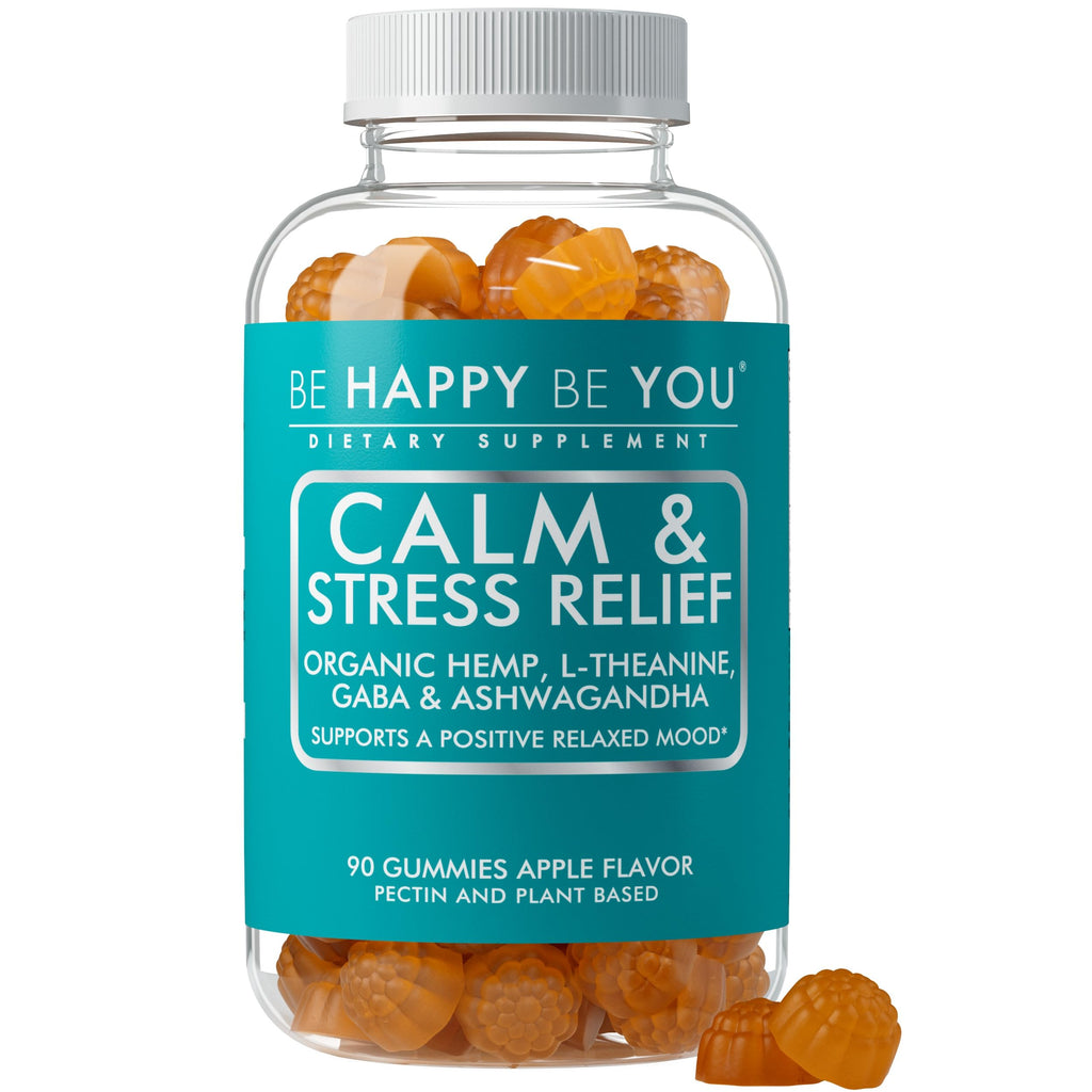 Be Happy Be You Calm & Stress Relief Gummies – Organic Hemp Seed Oil, L-Theanine, GABA & Ashwagandha | Vegan Apple Flavor 90 Ct