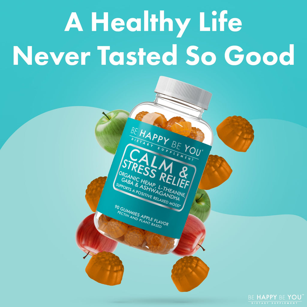 Be Happy Be You Calm & Stress Relief Gummies – Organic Hemp Seed Oil, L-Theanine, GABA & Ashwagandha | Vegan Apple Flavor 90 Ct