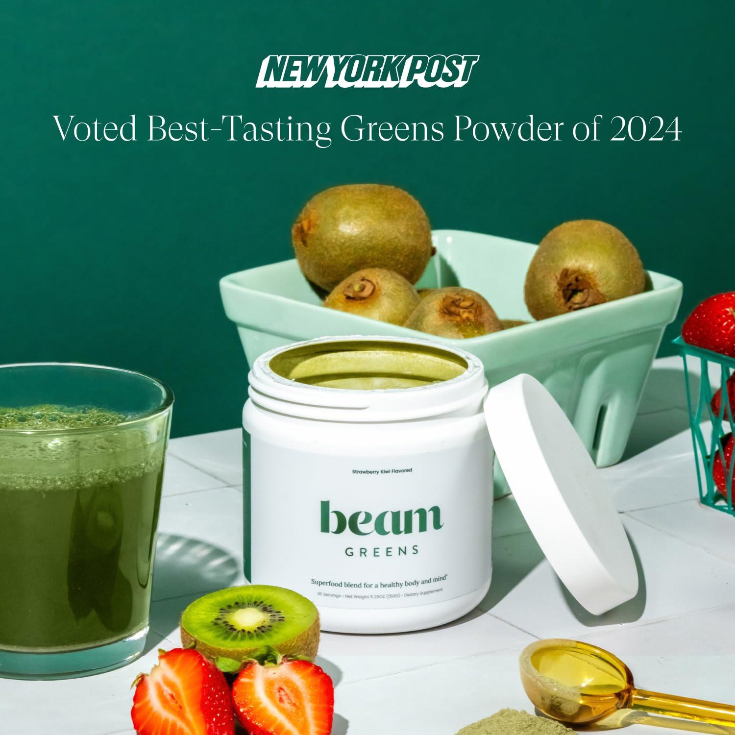 Beam Greens Powder, Superfood Supplement for Gut Health, Vegan Organic Blend with Ashwagandha, Vitamin C, B12, B6, D, Non-GMO Daily Detox & Immune Support, Strawberry Kiwi Flavor, 15 Servings