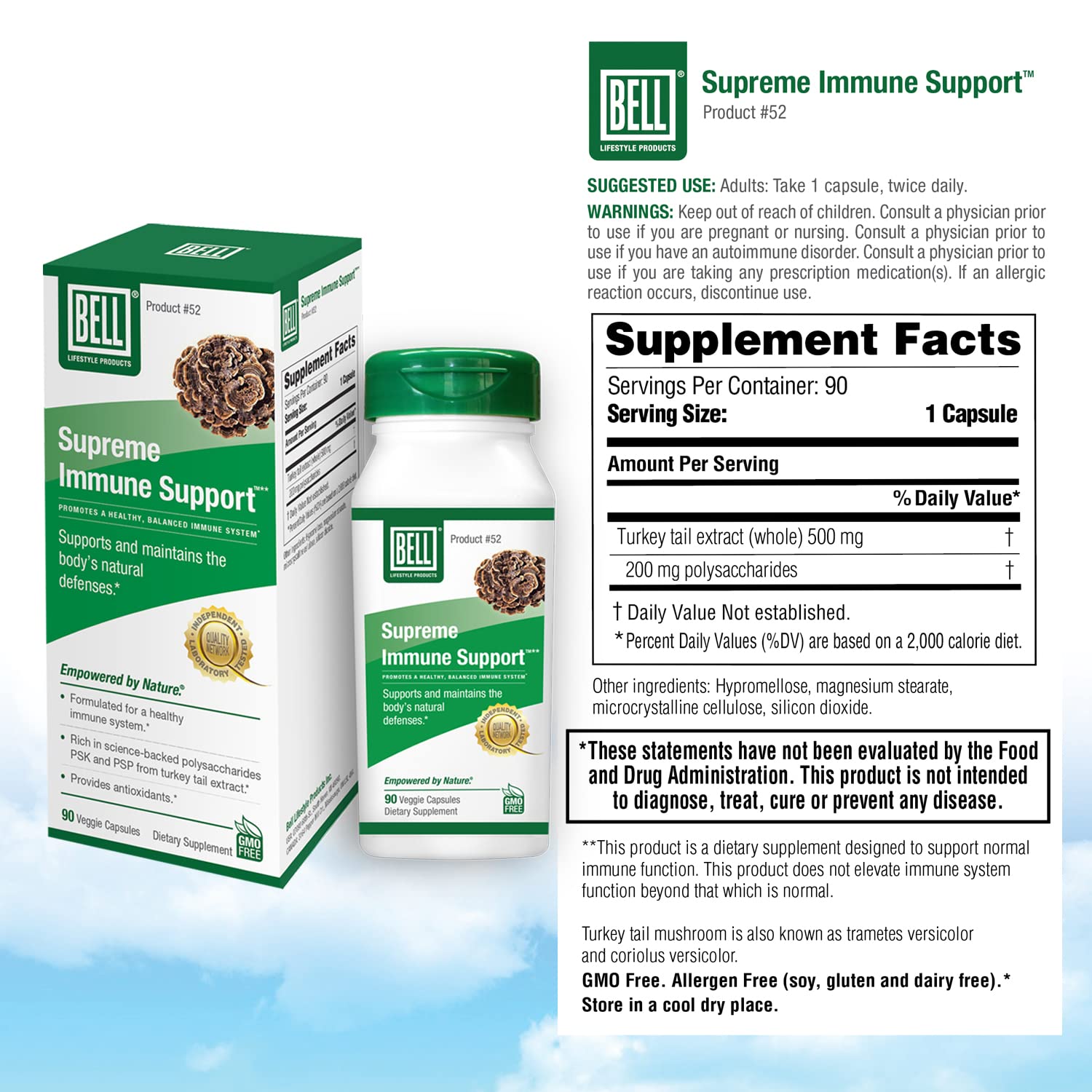 Bell Supreme Immune Support™ Mushroom Supplement - Turkey Tail Blend for Immune Support | 90 Capsules