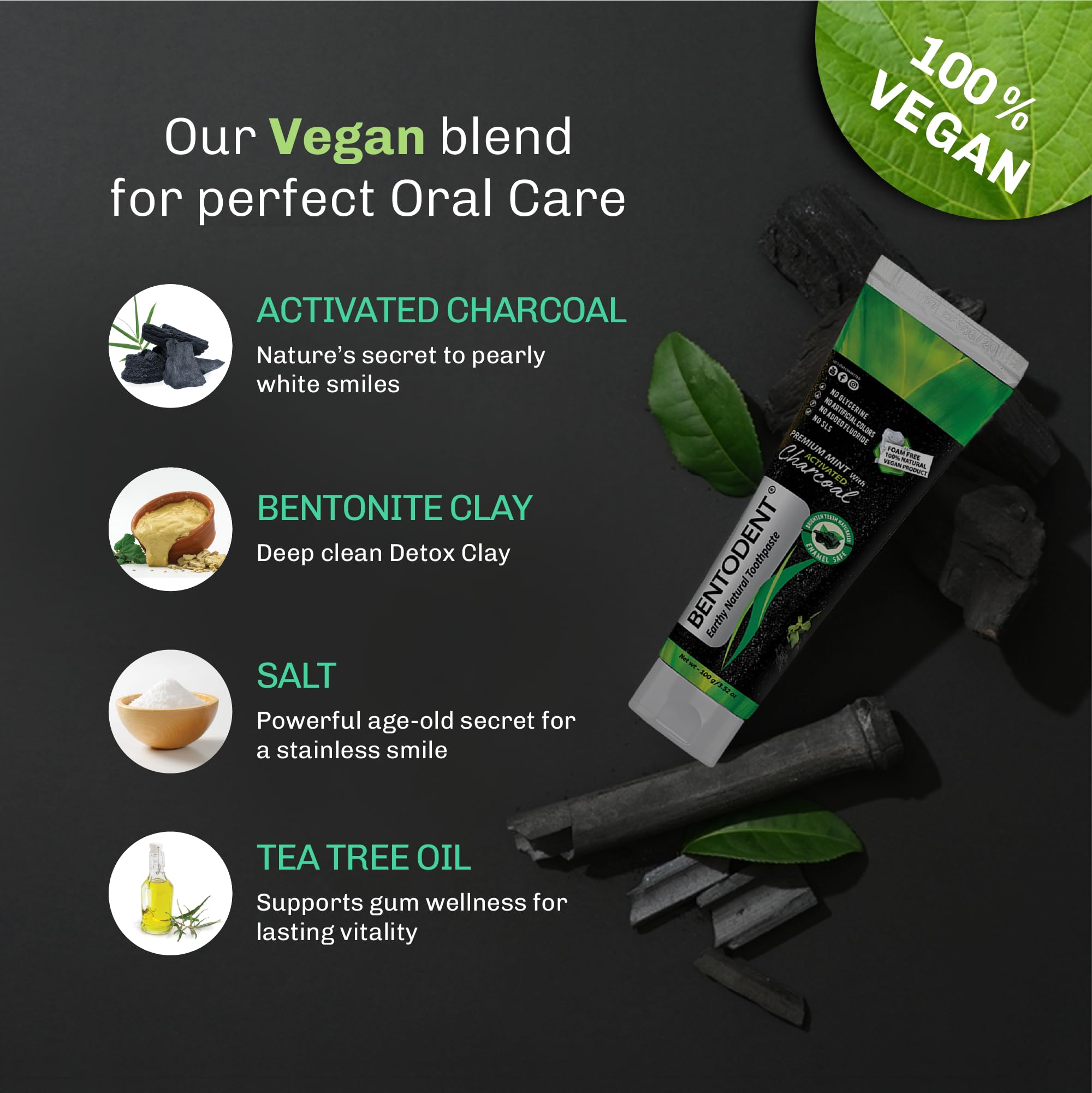Bentodent Fluoride-Free Charcoal Toothpaste with Bentonite Clay | Natural Vegan Whitening