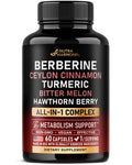 Berberine with Ceylon Cinnamon | Gymnema Extract | Apple Cider Vinegar | Hawthorn Berry | Citrus Bergamot | Bitter Melon - 15-in-1 Supplement for Heart Support, Metabolism & Energy - Vegan 60 Capsules