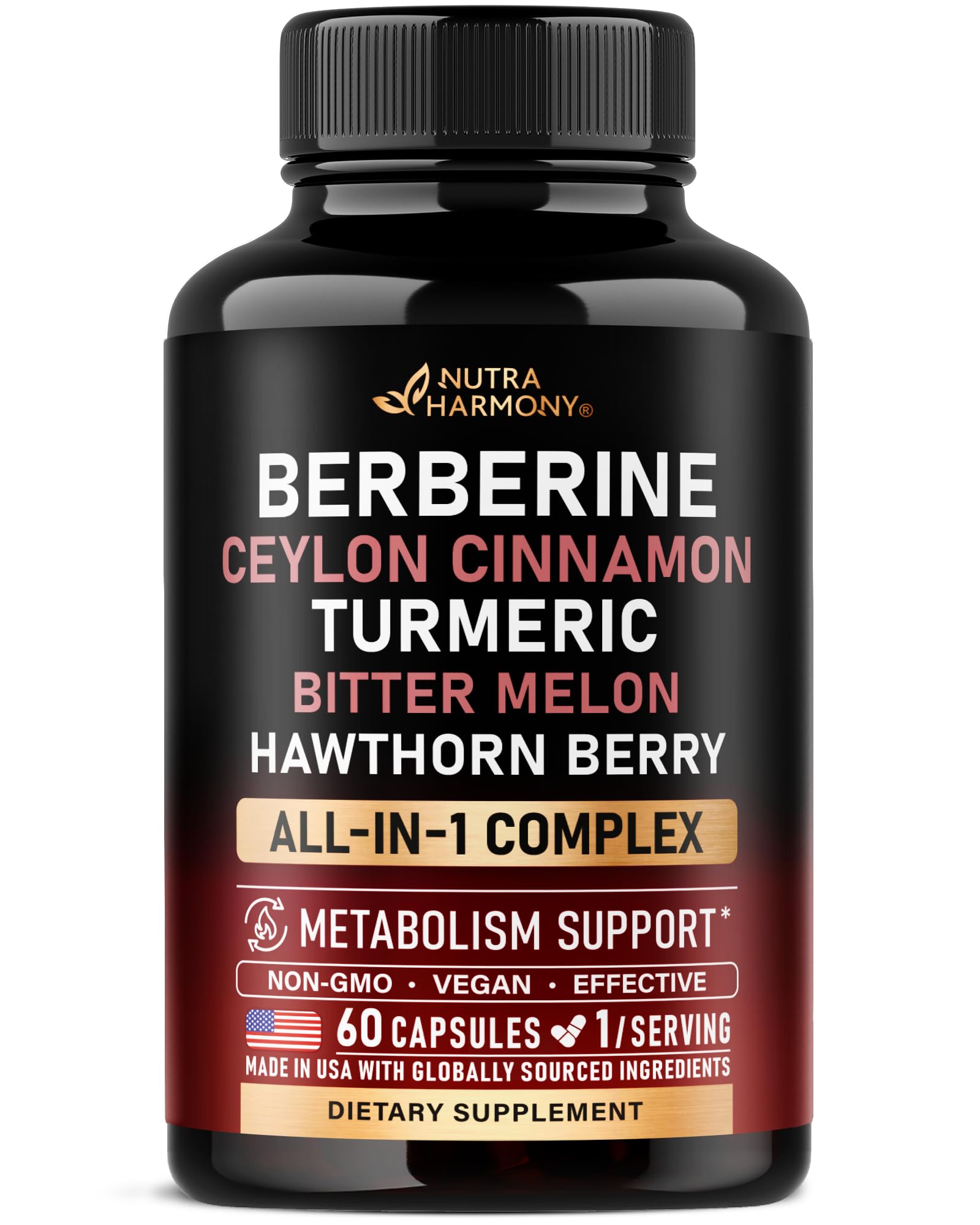 Berberine with Ceylon Cinnamon | Gymnema Extract | Apple Cider Vinegar | Hawthorn Berry | Citrus Bergamot | Bitter Melon - 15-in-1 Supplement for Heart Support, Metabolism & Energy - Vegan 60 Capsules