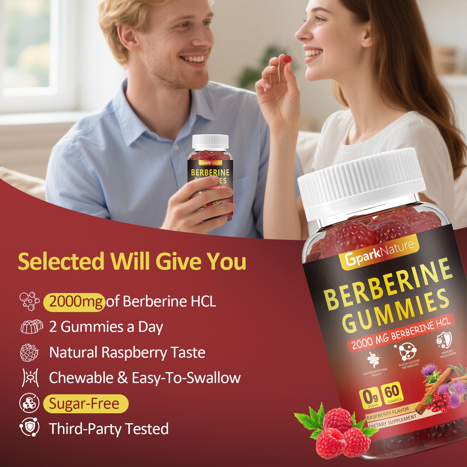 Berberine Gummies 2000 mg, Berberine Supplement with Ceylon Cinnamon, Turmeric, Milk Thistle, Magnesium, Chromium for Immune Support, Sugar Free, Vegan, Raspberry Flavor, 60 Count-1 Pack