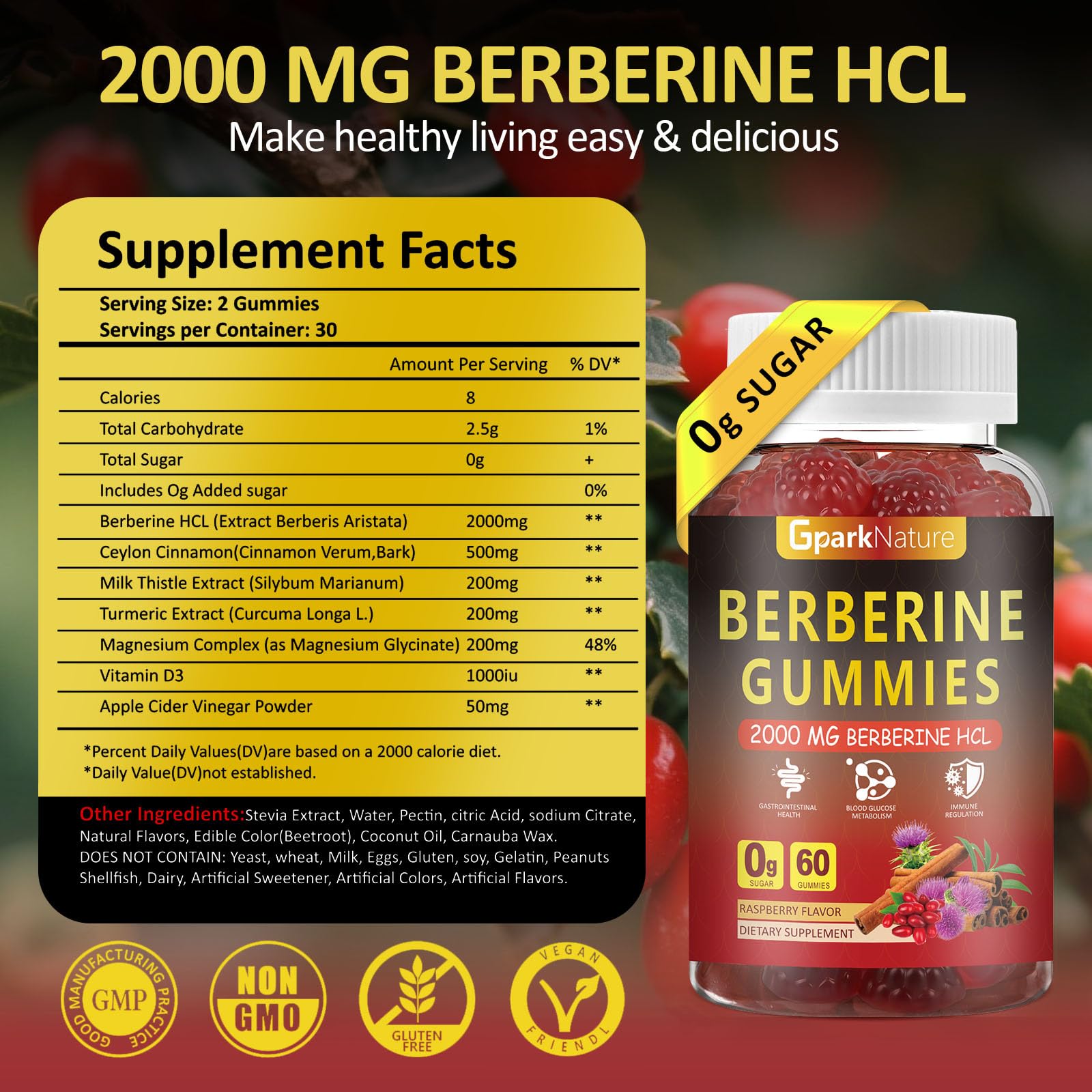 Berberine Gummies 2000 mg, Berberine Supplement with Ceylon Cinnamon, Turmeric, Milk Thistle, Magnesium, Chromium for Immune Support, Sugar Free, Vegan, Raspberry Flavor, 60 Count-1 Pack