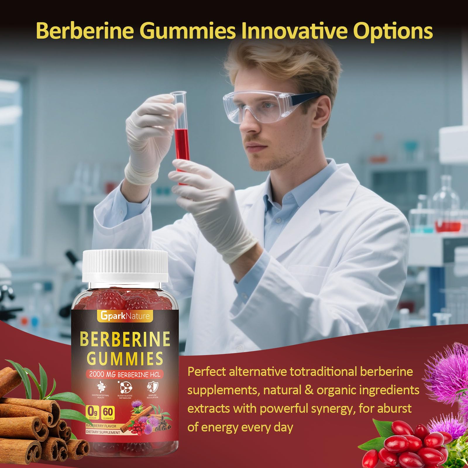 Berberine Gummies 2000 mg, Berberine Supplement with Ceylon Cinnamon, Turmeric, Milk Thistle, Magnesium, Chromium for Immune Support, Sugar Free, Vegan, Raspberry Flavor, 60 Count-1 Pack
