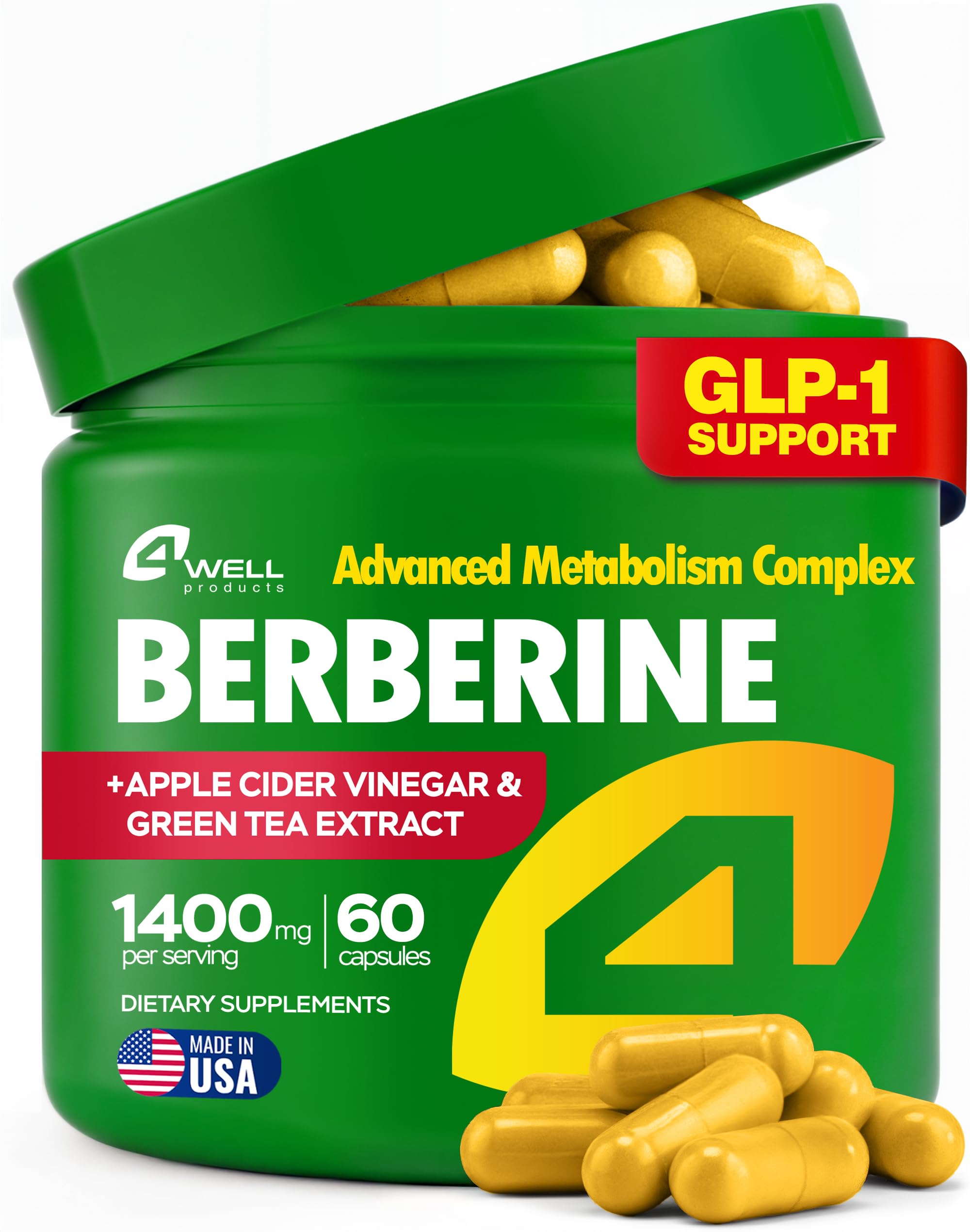 Berberine HCL Supplement - Triple Strength GLP-1 Activator with Apple Cider Vinegar & Green Tea Extract - Body Composition Support, Digestive Health, Support Heart Health, Immune System (60 Capsules)