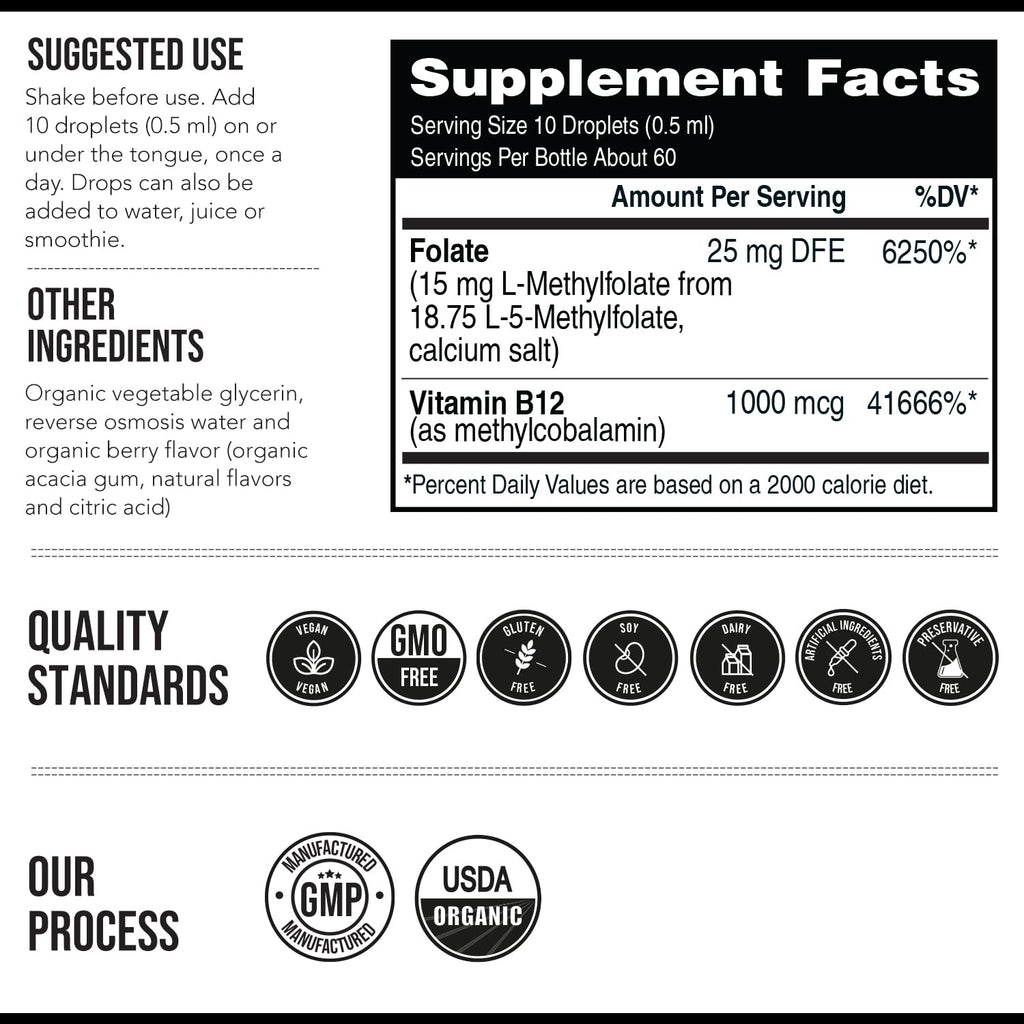L-Methyl Folate 15mg + Methyl B12 Cofactor – Organic Berry Flavor, High Potency Liquid Sublingual 5-MTHF Calcium Salt | Supports Mood, Methylation & Cognition (1oz)