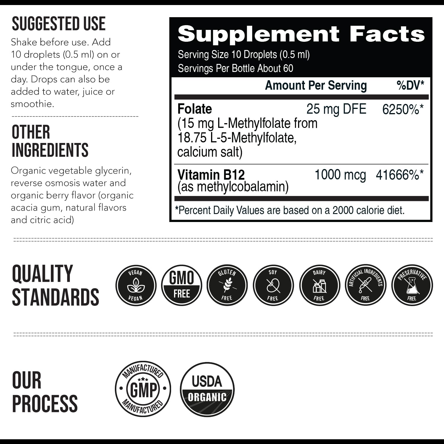 L-Methyl Folate 15mg + Methyl B12 Cofactor – Organic Berry Flavor, High Potency Liquid Sublingual 5-MTHF Calcium Salt | Supports Mood, Methylation & Cognition (1oz)