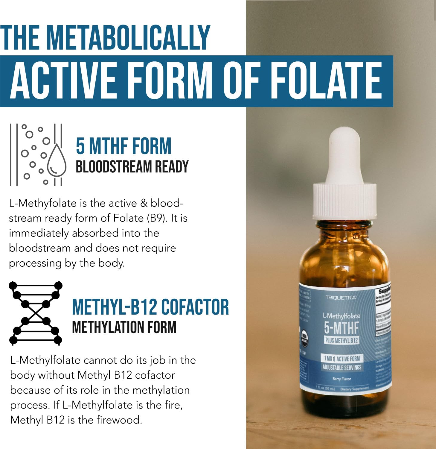 Organic Methyl Folate 1000 mcg + Methyl B12 Cofactor | Sublingual Berry Liquid (1oz) | 300 Servings | 5-MTHF