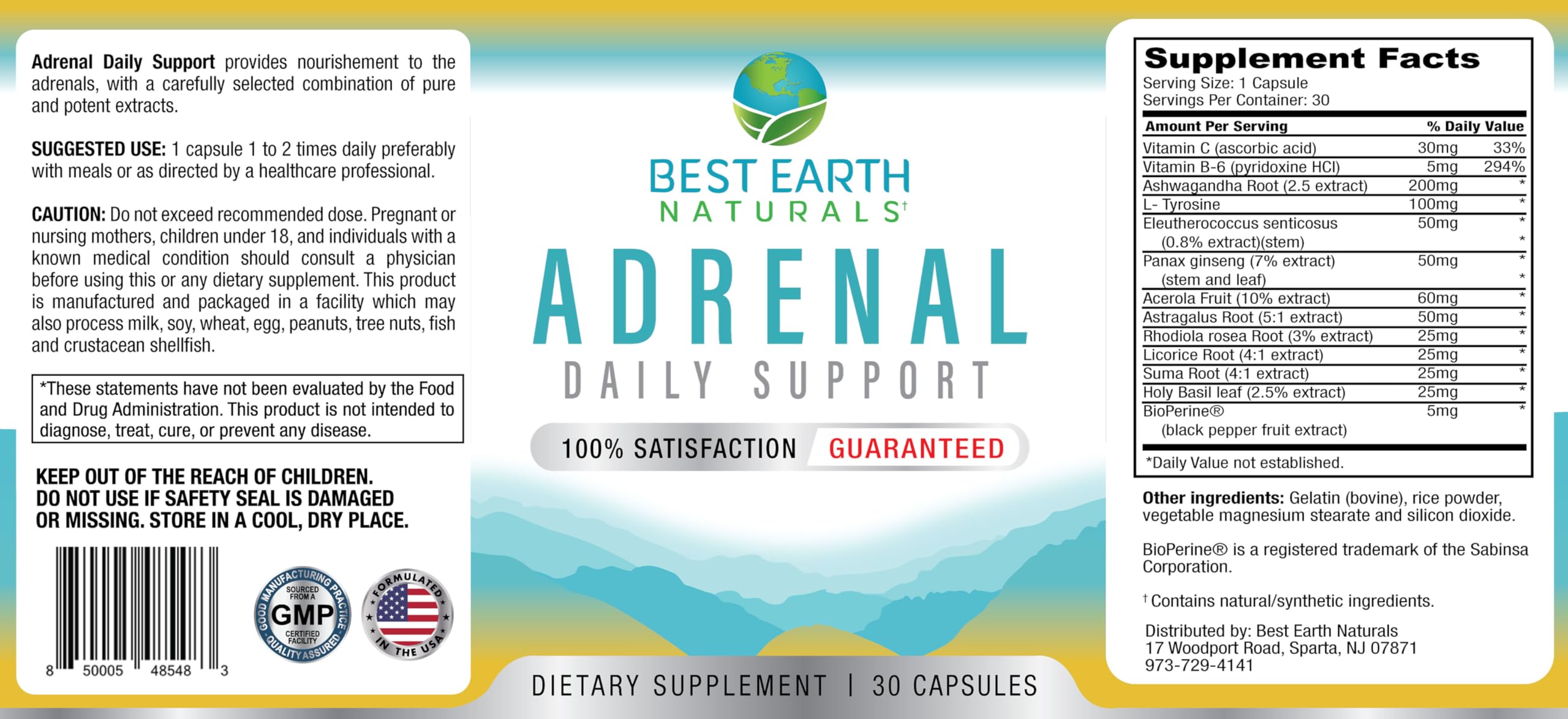 Best Earth Naturals Adrenal Support for Adults – Holy Basil, B Vitamins, L-Tyrosine, Rhodiola Rosea, Ashwagandha