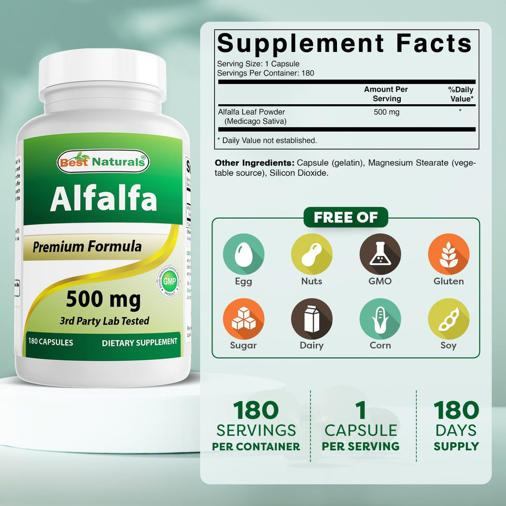 Best Naturals Alfalfa Green Super Food – 500 mg, 180 Capsules (Pack of 1)