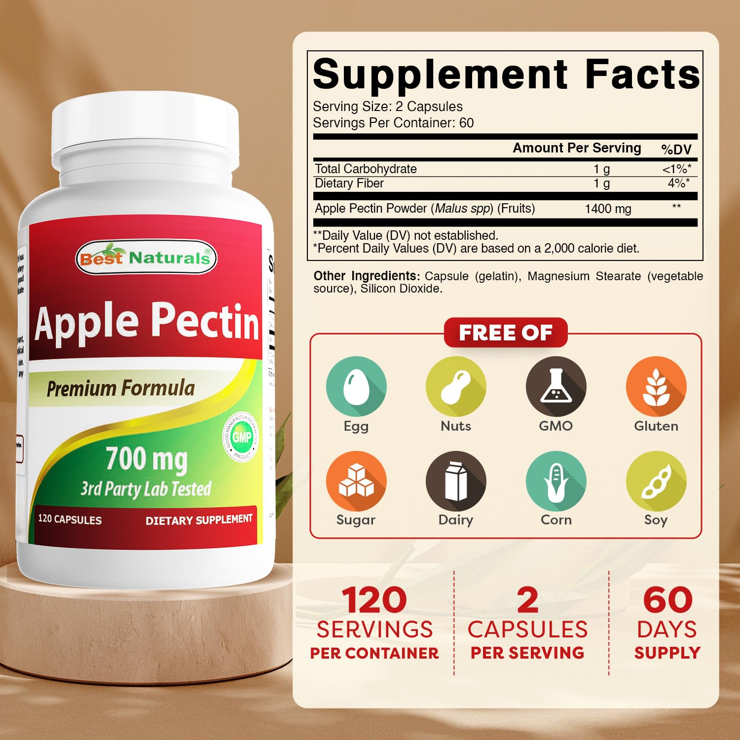 Best Naturals Apple Pectin 700 mg - Dietary Fiber - Intestinal Support - 120 Capsules (Pack of 3)