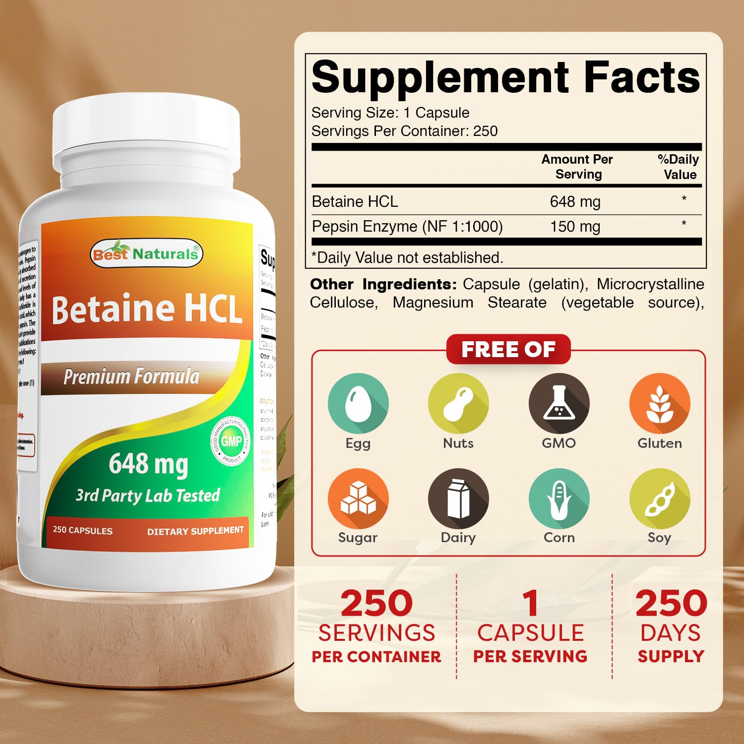 Best Naturals Betaine HCL 648 mg - 250 Capsules (Pack of 2)