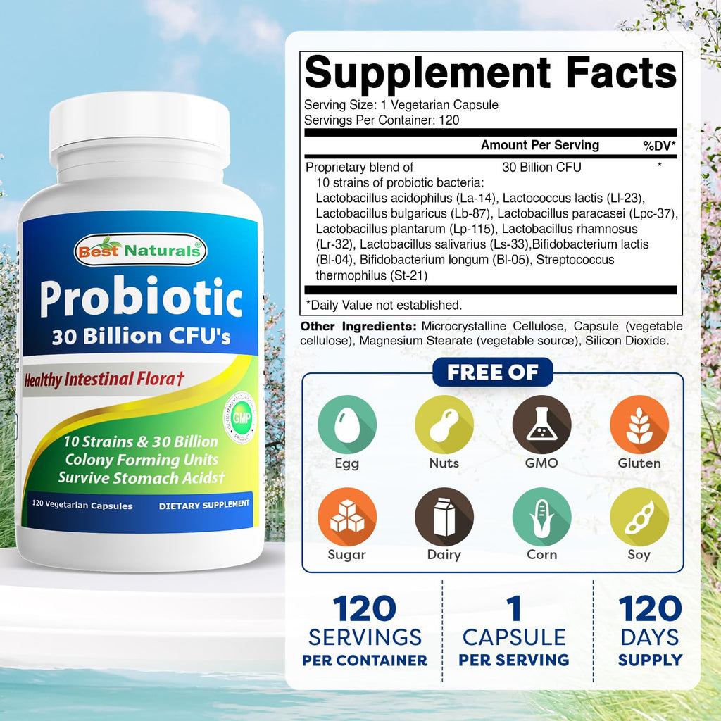 Best Naturals Probiotic 10 Strains – 30 Billion CFU, 120 Veggie Caps (Pack of 3)