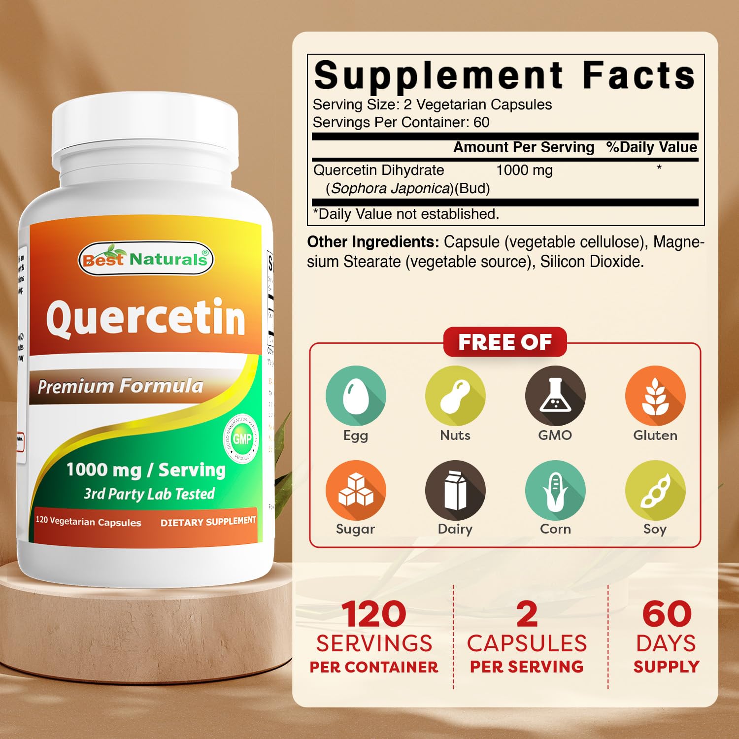 Best Naturals Quercetin 1000 mg per Serving | 120 Veggie Capsules (120 Count, Pack of 1)