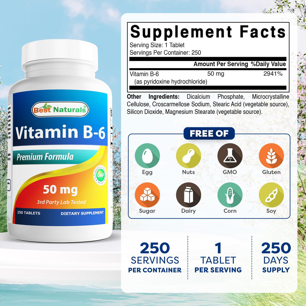 Best Naturals Vitamin B6 50 mg - 250 Tablets