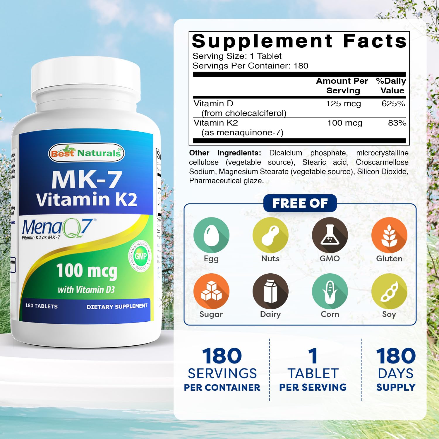 Best Naturals Vitamin K2 MK7 with D3 – 5000 IU Vitamin D3 & 100 mcg K2 MK7, 180 Tablets (Pack of 2)