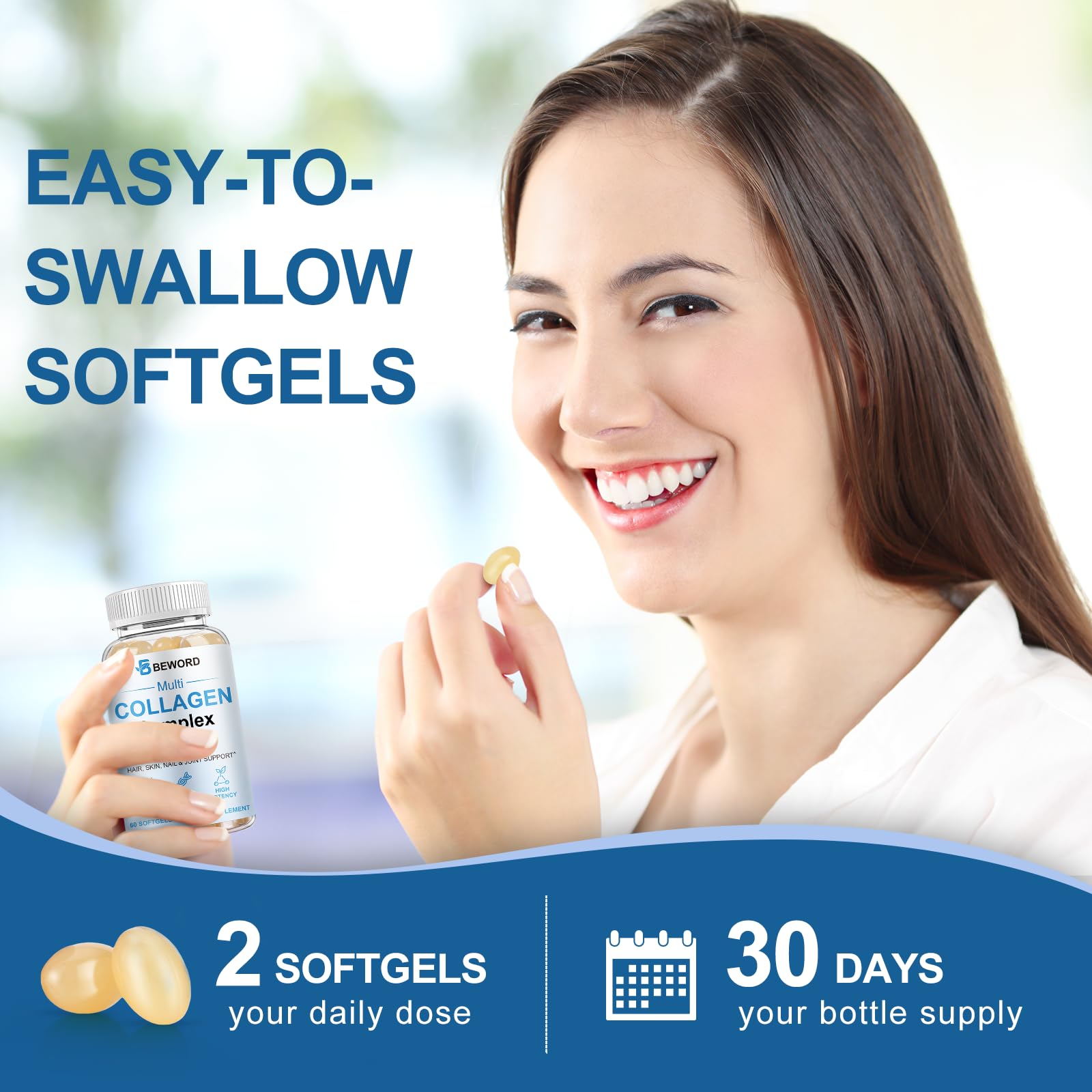 BEWORD Multi Collagen Softgels – 240 Capsules, 4-Pack | Type I, II, III, V, X + Vitamin C & Hyaluronic Acid