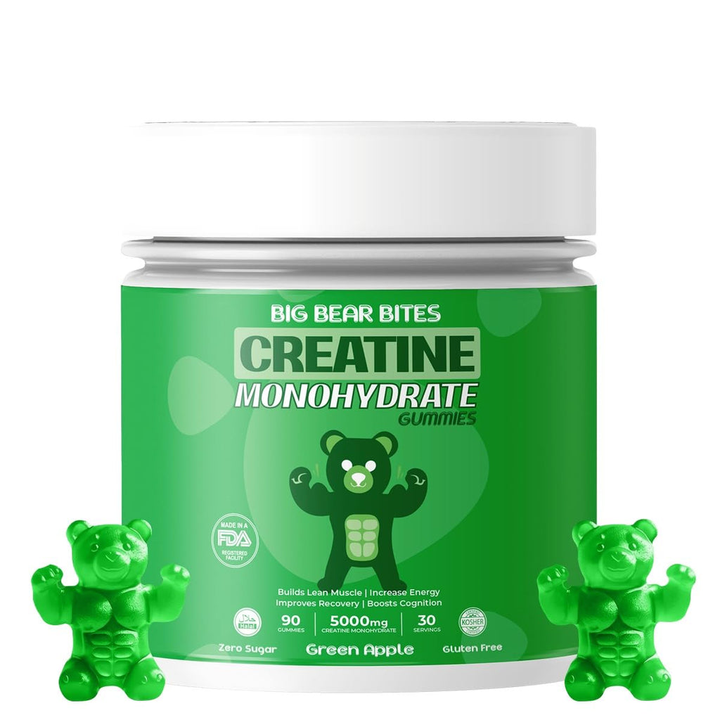 Big Bear Bites Creatine Monohydrate Gummies – 5g Daily Dose, Pack of 90, Sugar-Free, Gluten-Free, Halal, Green Apple Flavor