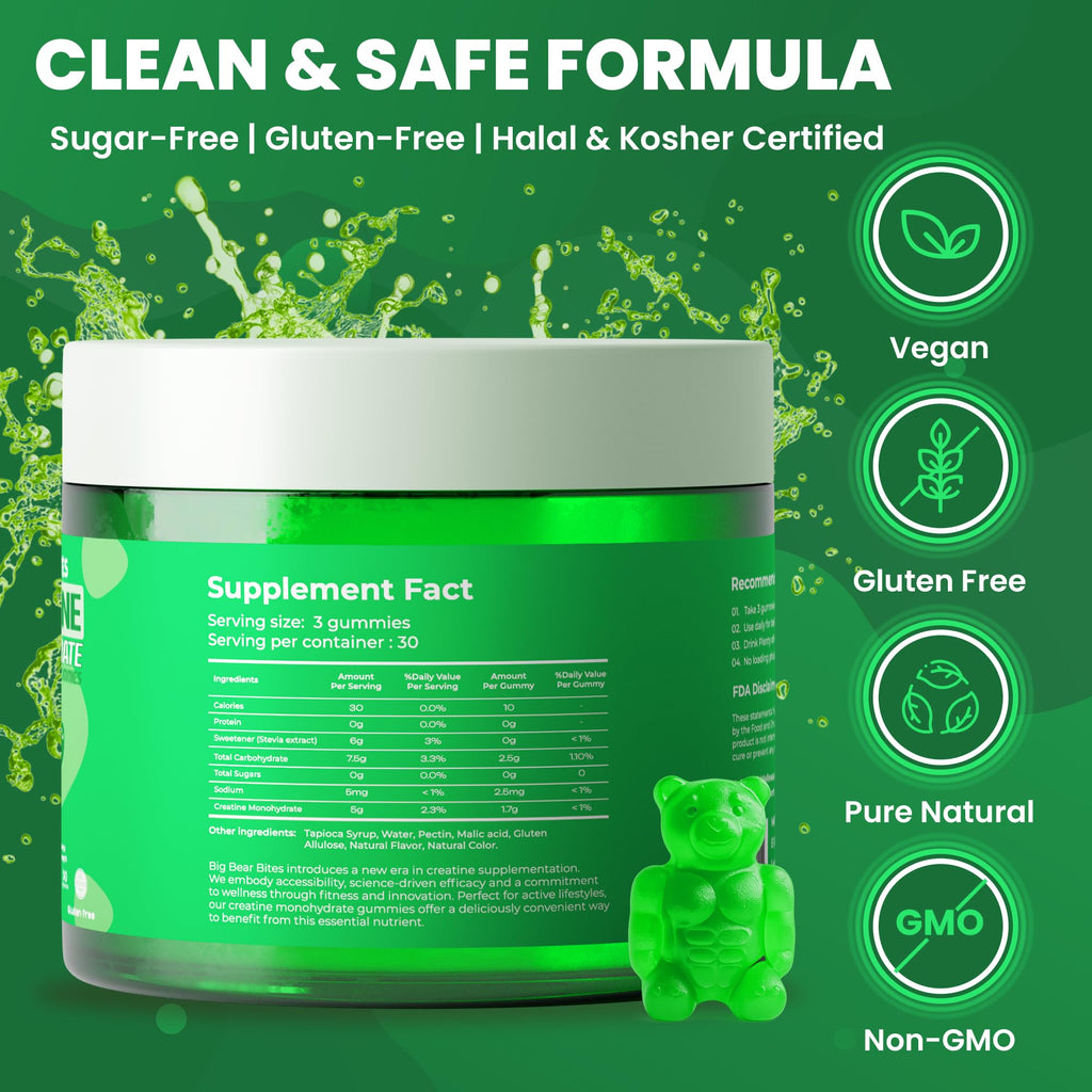 Big Bear Bites Creatine Monohydrate Gummies – 5g Daily Dose, Pack of 90, Sugar-Free, Gluten-Free, Halal, Green Apple Flavor