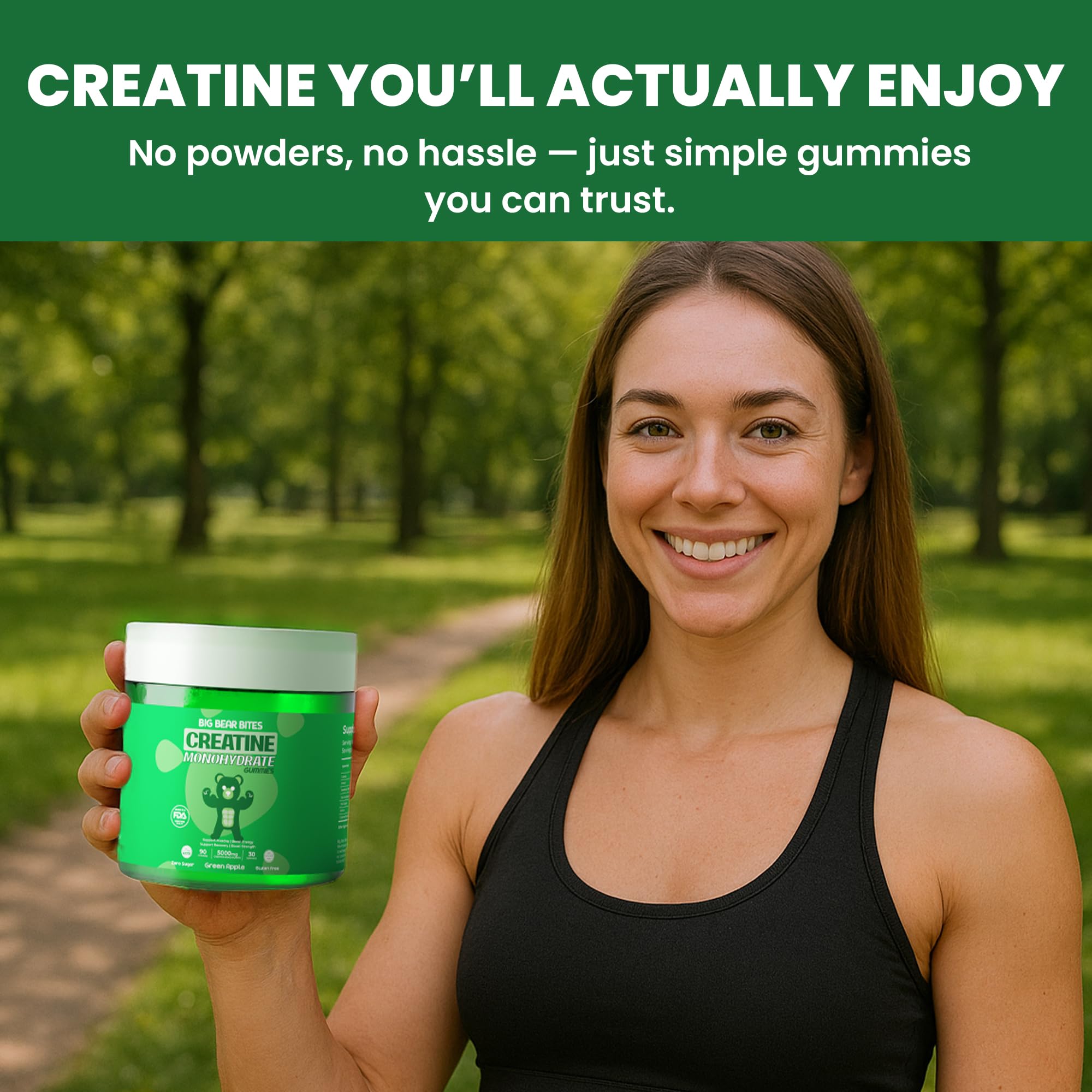 Big Bear Bites Creatine Monohydrate Gummies – 5g Daily Dose, Pack of 90, Sugar-Free, Gluten-Free, Halal, Green Apple Flavor
