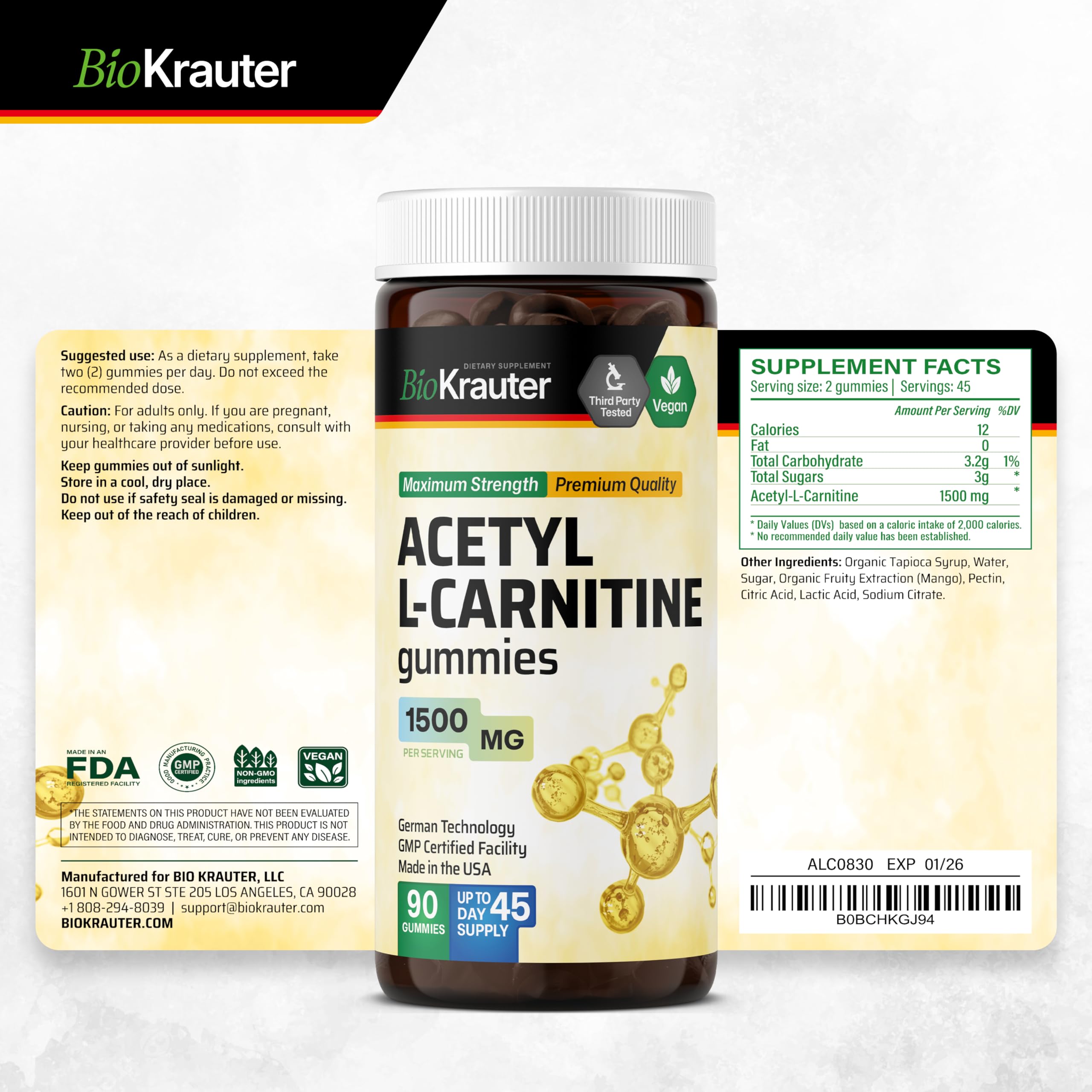 BIO KRAUTER Acetyl L Carnitine Gummies - 1500 mg - 90 Vegan Mango Chews - Pectin-Based, Non-GMO