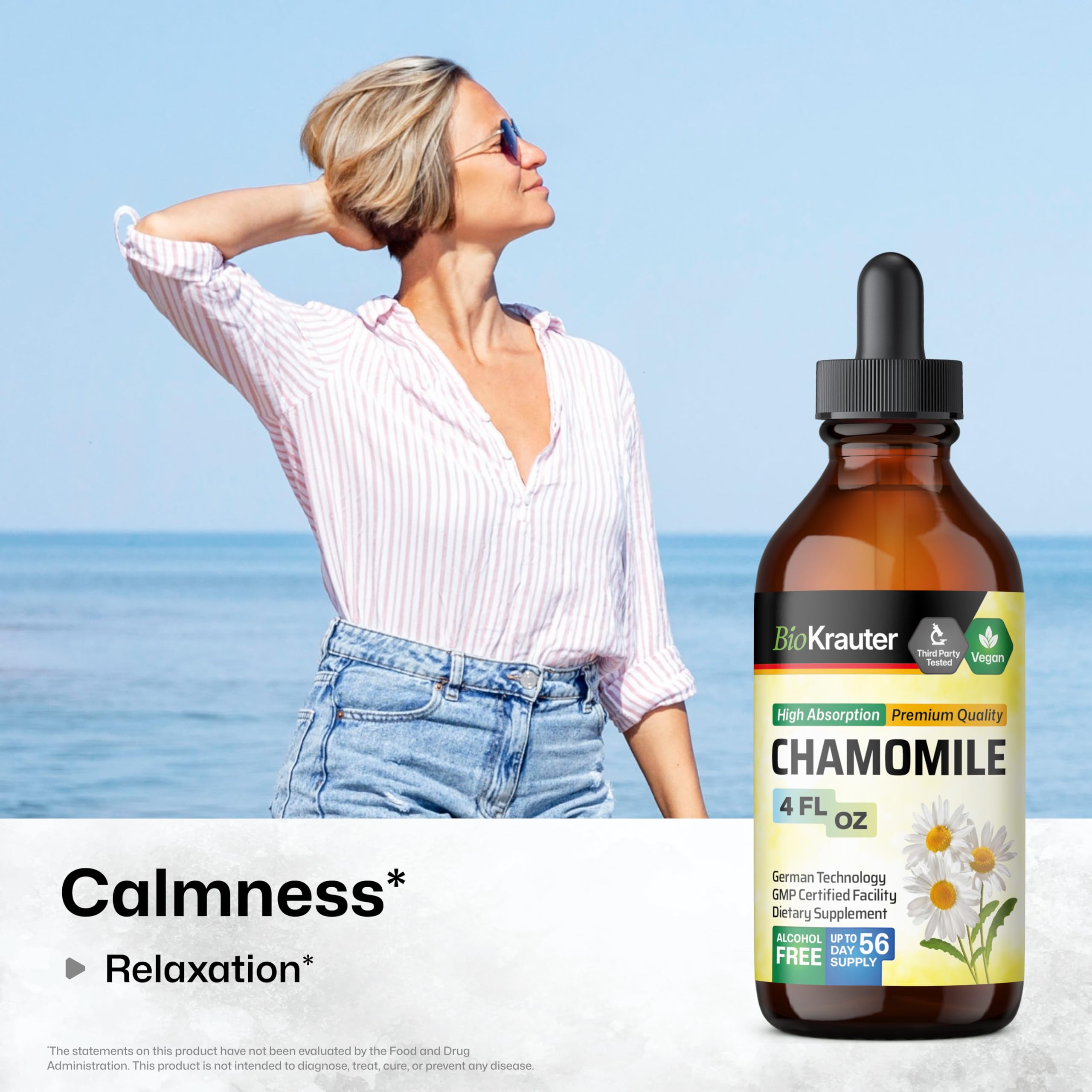 BIO KRAUTER Chamomile Extract Liquid Drops – Vegan Calm & Sleep Support | 670 mg per Serving, 4 fl oz