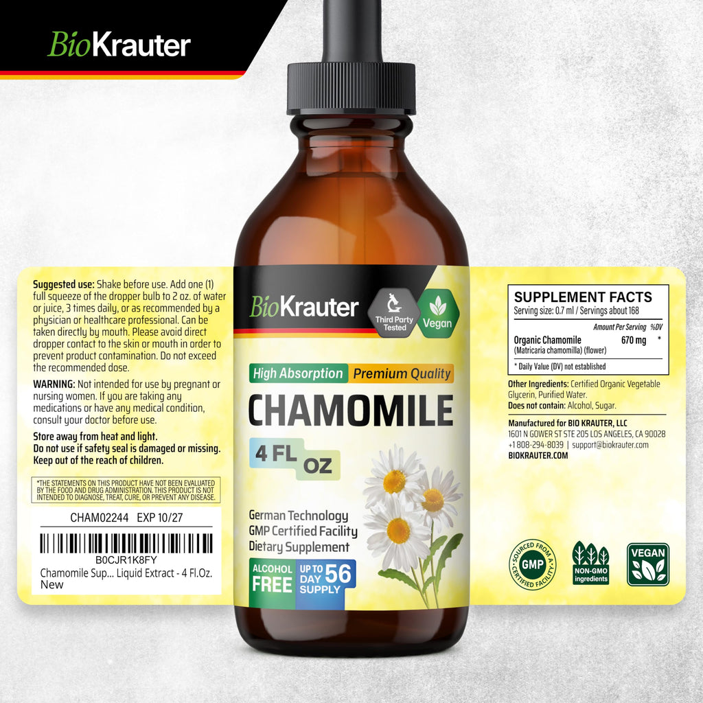 BIO KRAUTER Chamomile Extract Liquid Drops – Vegan Calm & Sleep Support | 670 mg per Serving, 4 fl oz