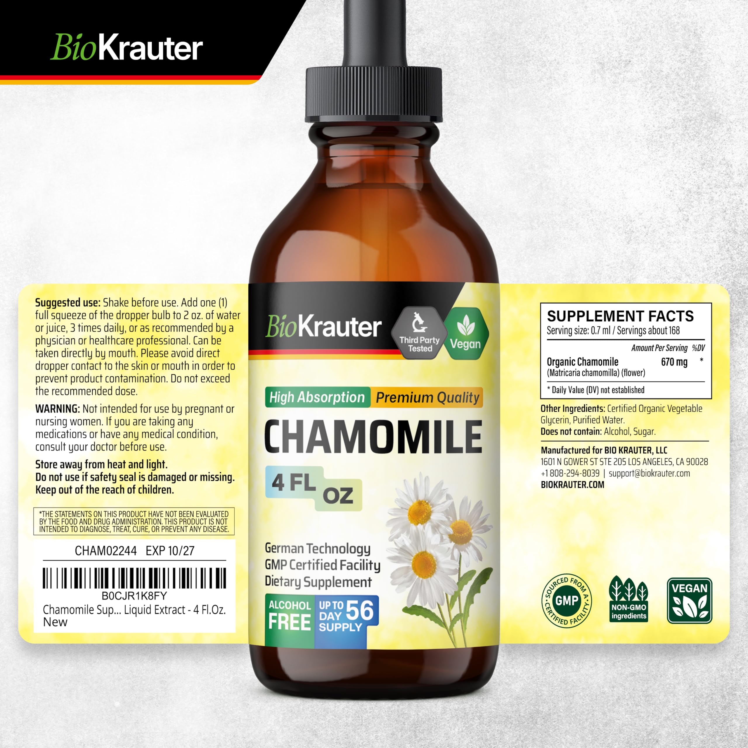 BIO KRAUTER Chamomile Extract Liquid Drops – Vegan Calm & Sleep Support | 670 mg per Serving, 4 fl oz