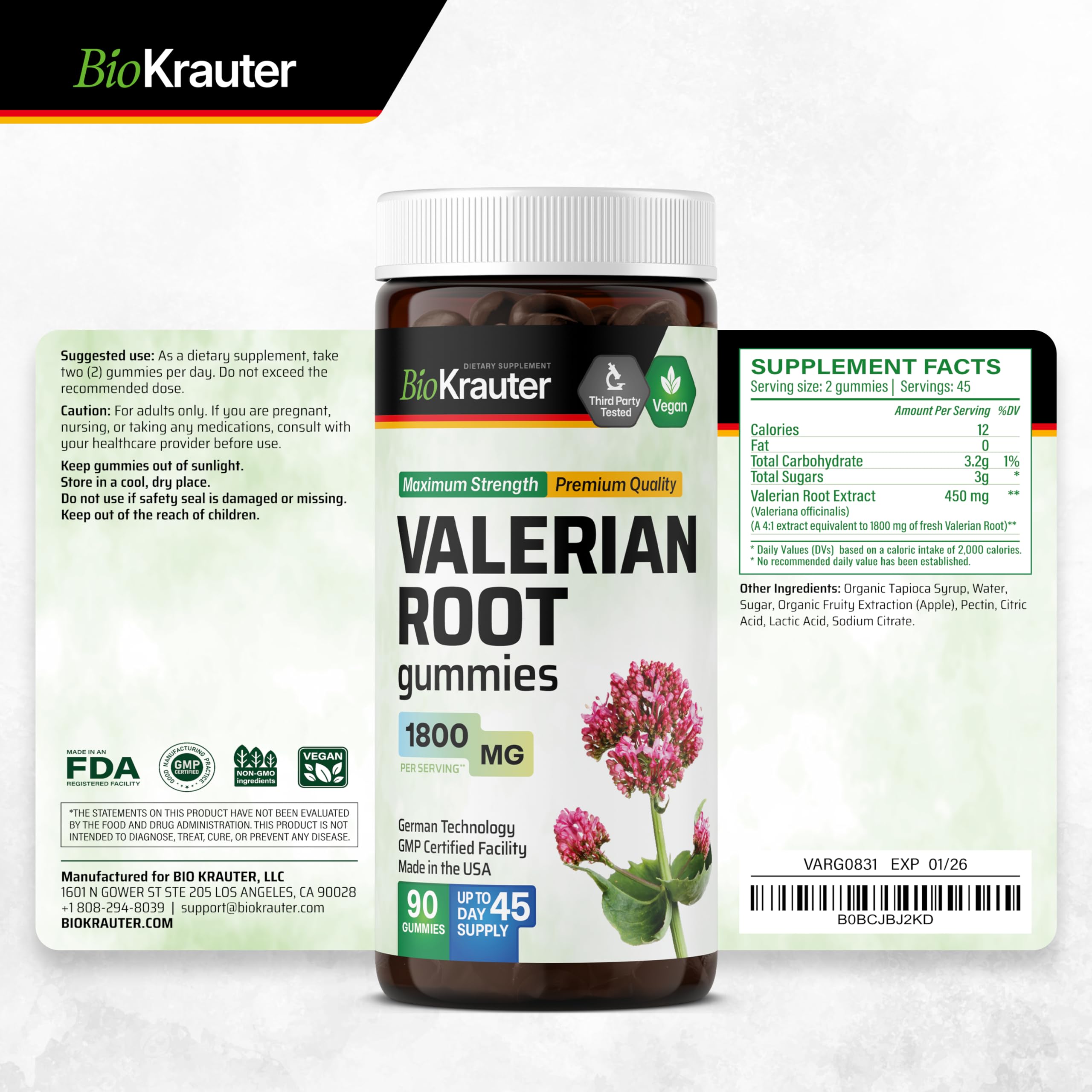 BIO KRAUTER Valerian Root Gummies - 1800 mg Strength, 90 Vegan Chews, No Melatonin