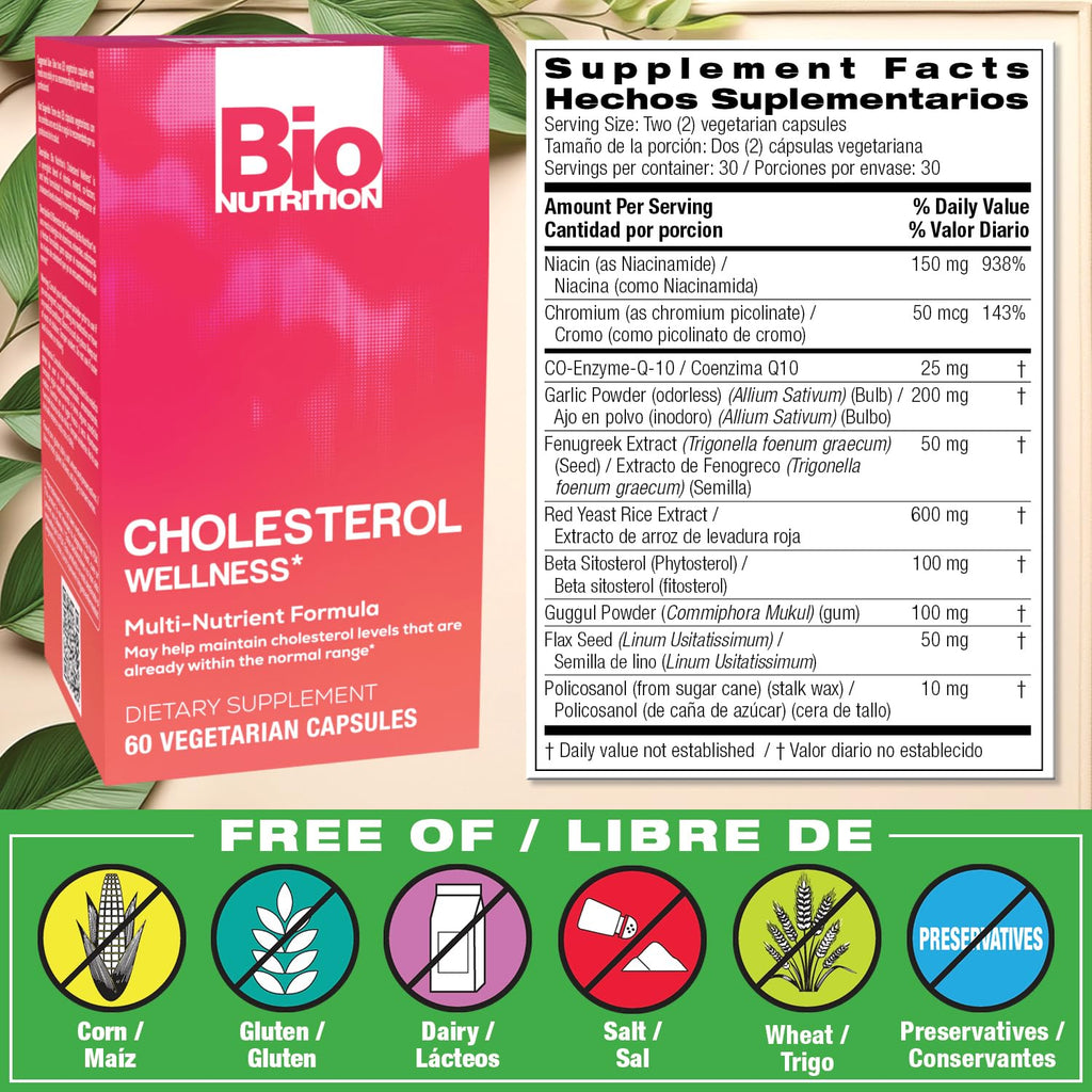 Bio Nutrition Cholesterol Wellness 60 Vegetarian Capsules | Natural Formula | High in Nutrients