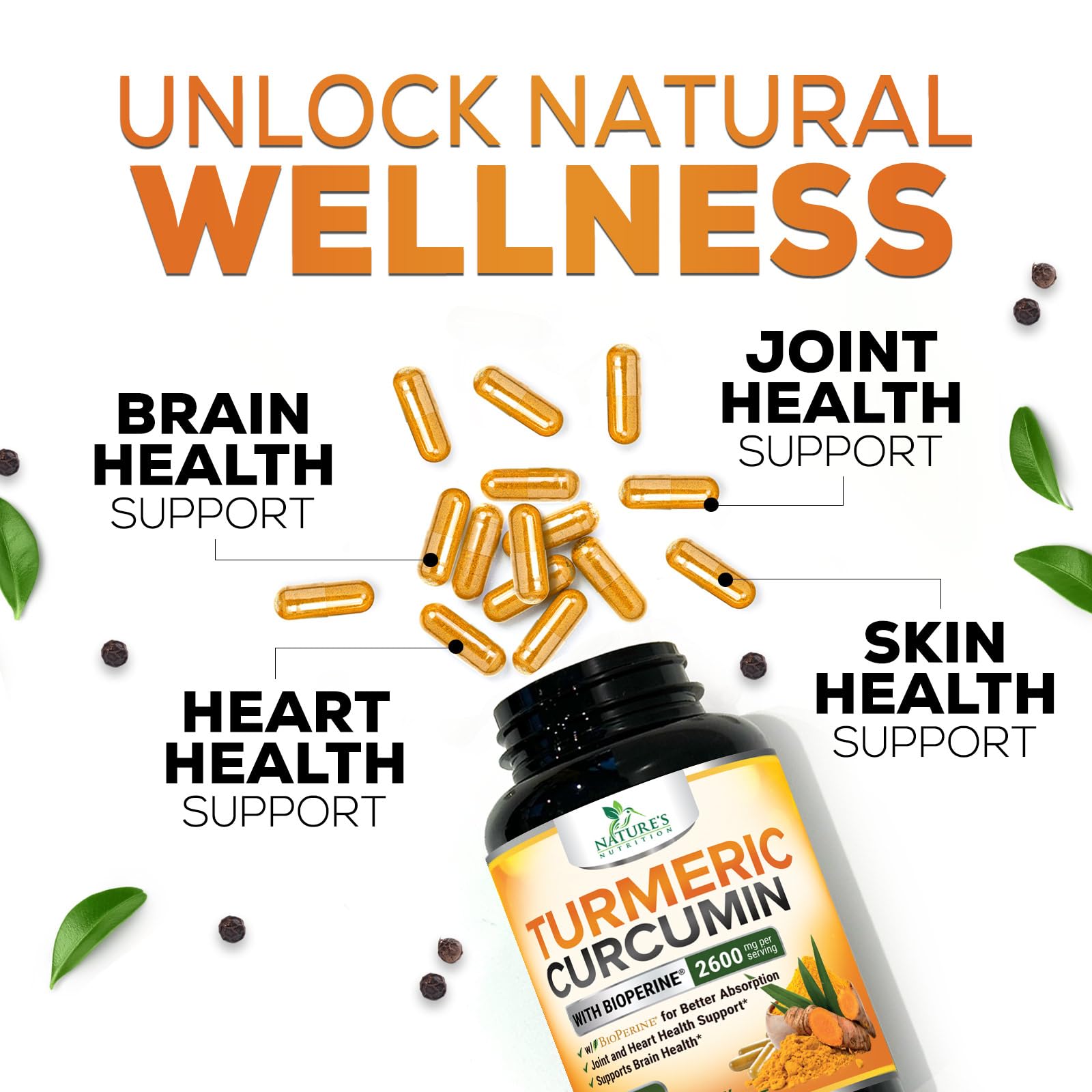 Turmeric Curcumin 2600mg with BioPerine – 95% Curcuminoids | Organic Turmeric, Vegan, Non-GMO | 60 Capsules | Made in USA