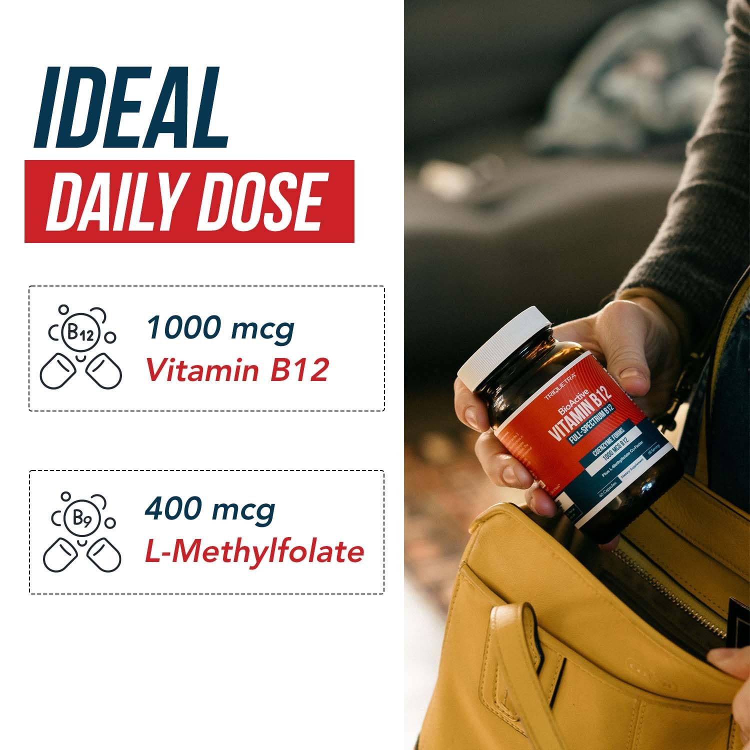 BioActive Vitamin B12 1000 mcg | All 3 BioActive Forms B12 Plus Methylfolate Cofactor - Methyl B12, Adenosyl B12 & Hydroxy B12 | Supports Energy, B12 Levels & Mood | Vegan, Non-GMO (60 Servings)