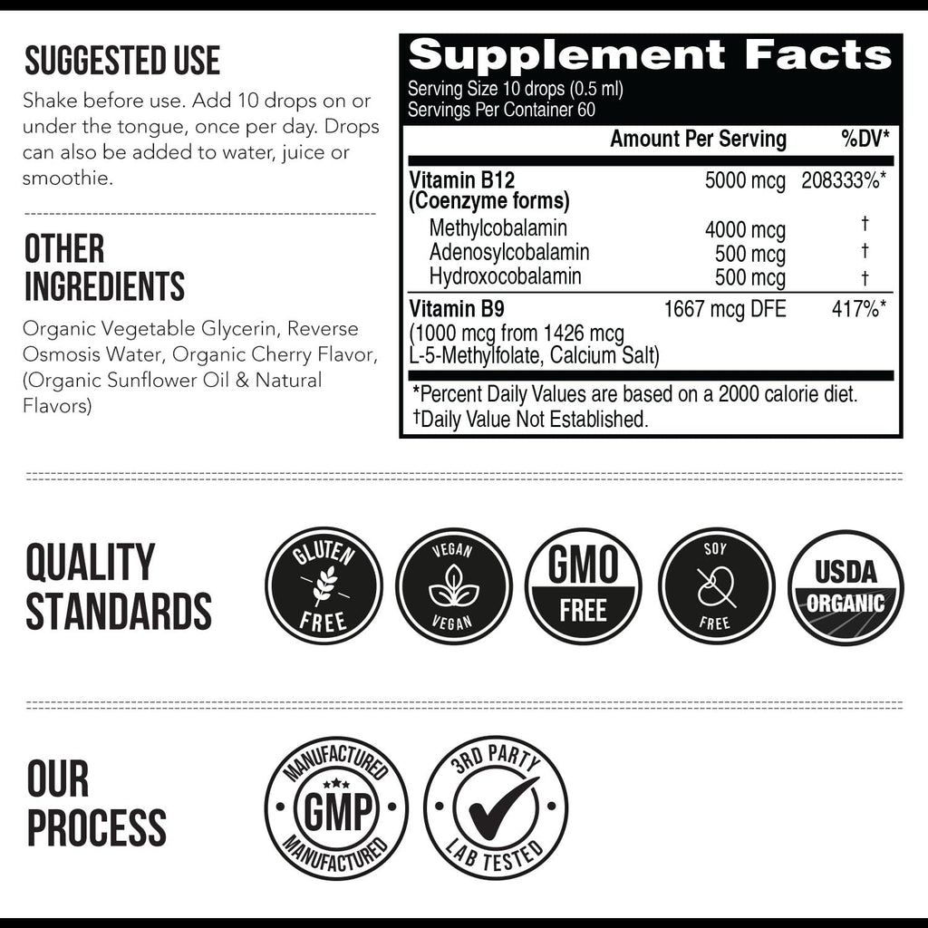 BioActive Vitamin B12 5000 mcg – 3 BioActive B12 Forms + Methylfolate | Sublingual Berry, Organic, Vegan (60 Servings)