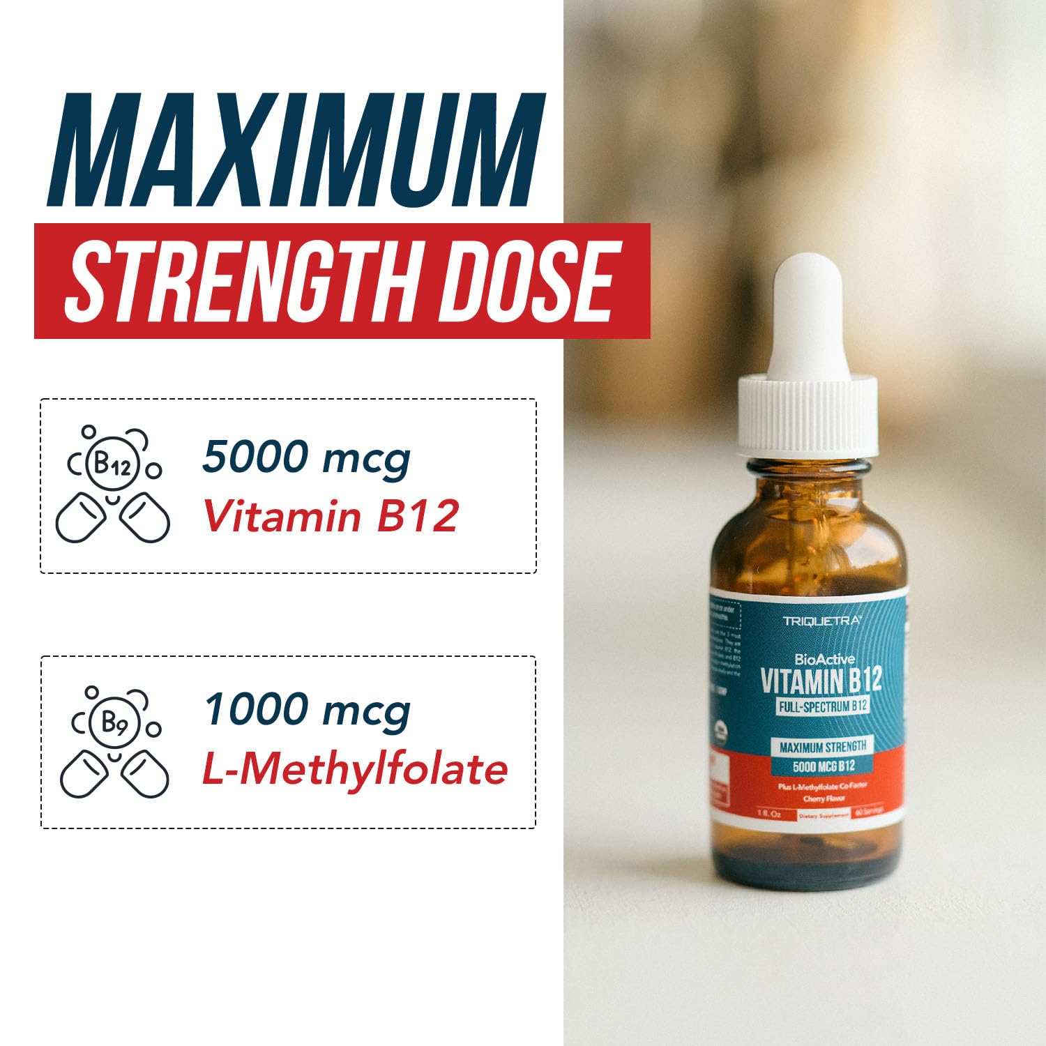 BioActive Vitamin B12 5000 mcg – 3 BioActive B12 Forms + Methylfolate | Sublingual Berry, Organic, Vegan (60 Servings)