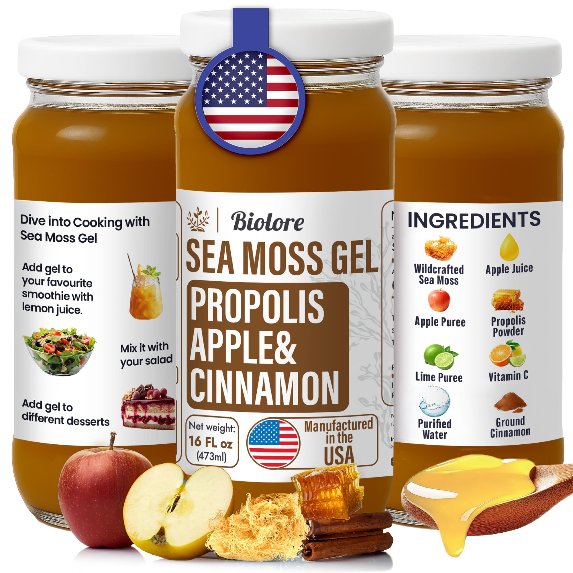 Biolore Sea Moss Gel with Propolis - Apple & Cinnamon, 16 oz | Vegan, Gluten-Free, No Added Sugar