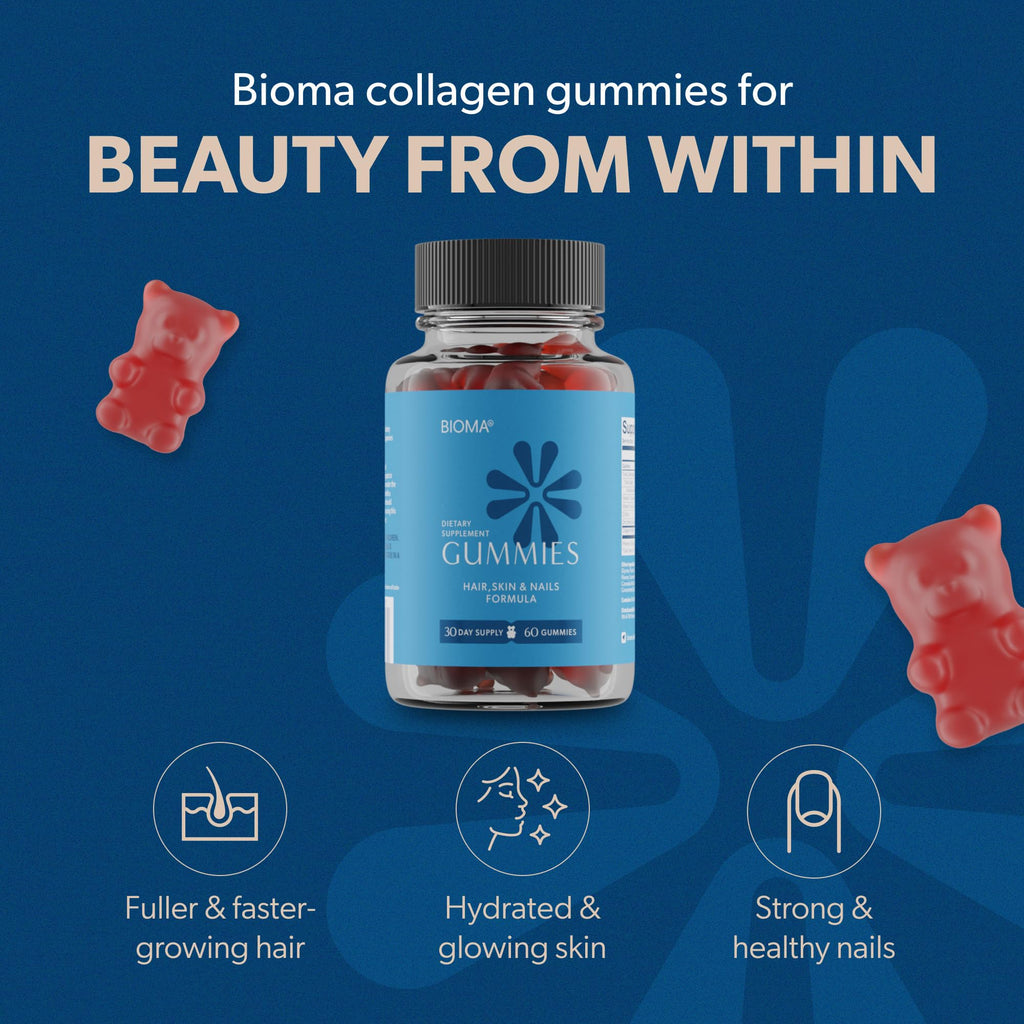 BIOMA Hair, Skin & Nails Beauty Gummies – Biotin, Collagen, Zinc & Vitamins C & E | Gluten-Free | 60 Gummies (30-Day Supply)
