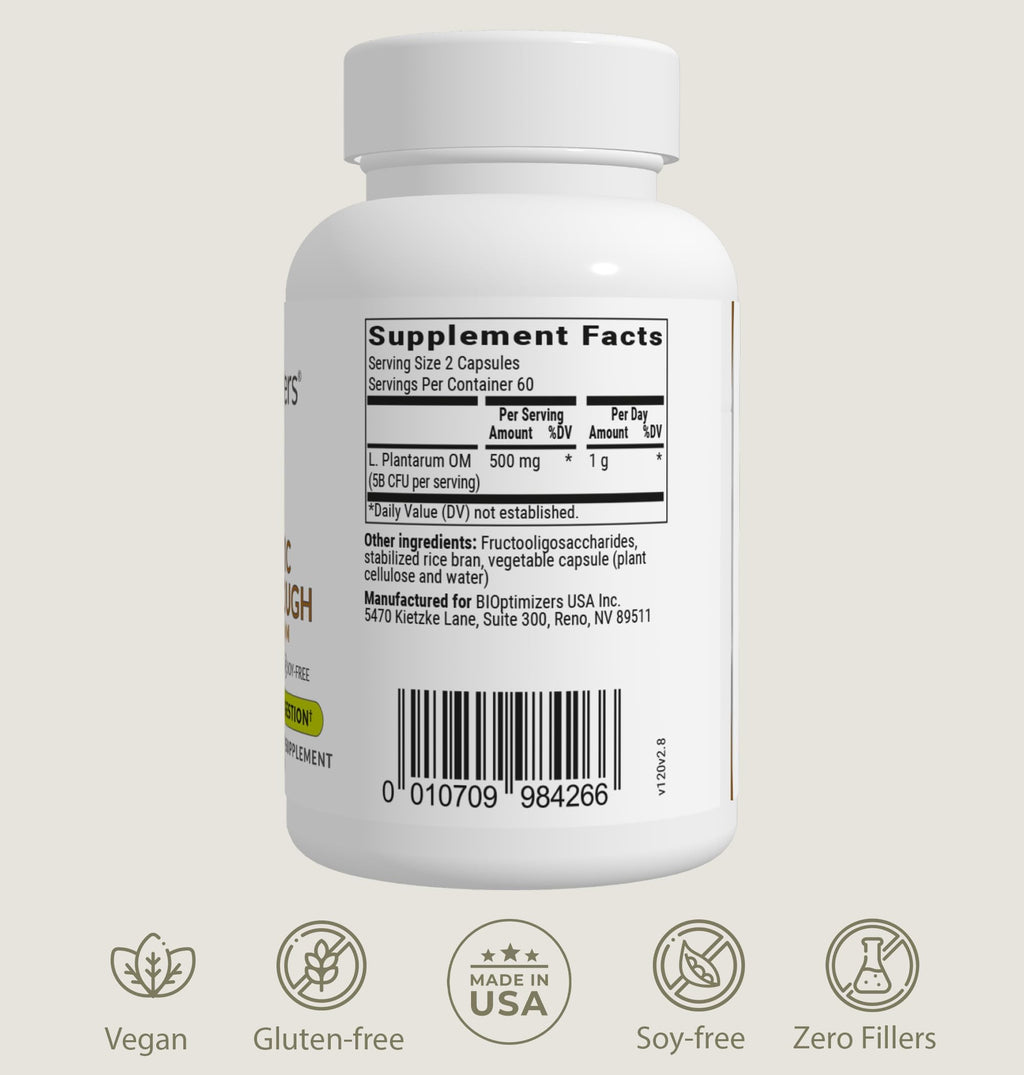BIOptimizers Probiotic Breakthrough – Lactobacillus Plantarum OM Probiotics & Prebiotics for Gut, Digestive & Immune Support | 60 Vegan Capsules