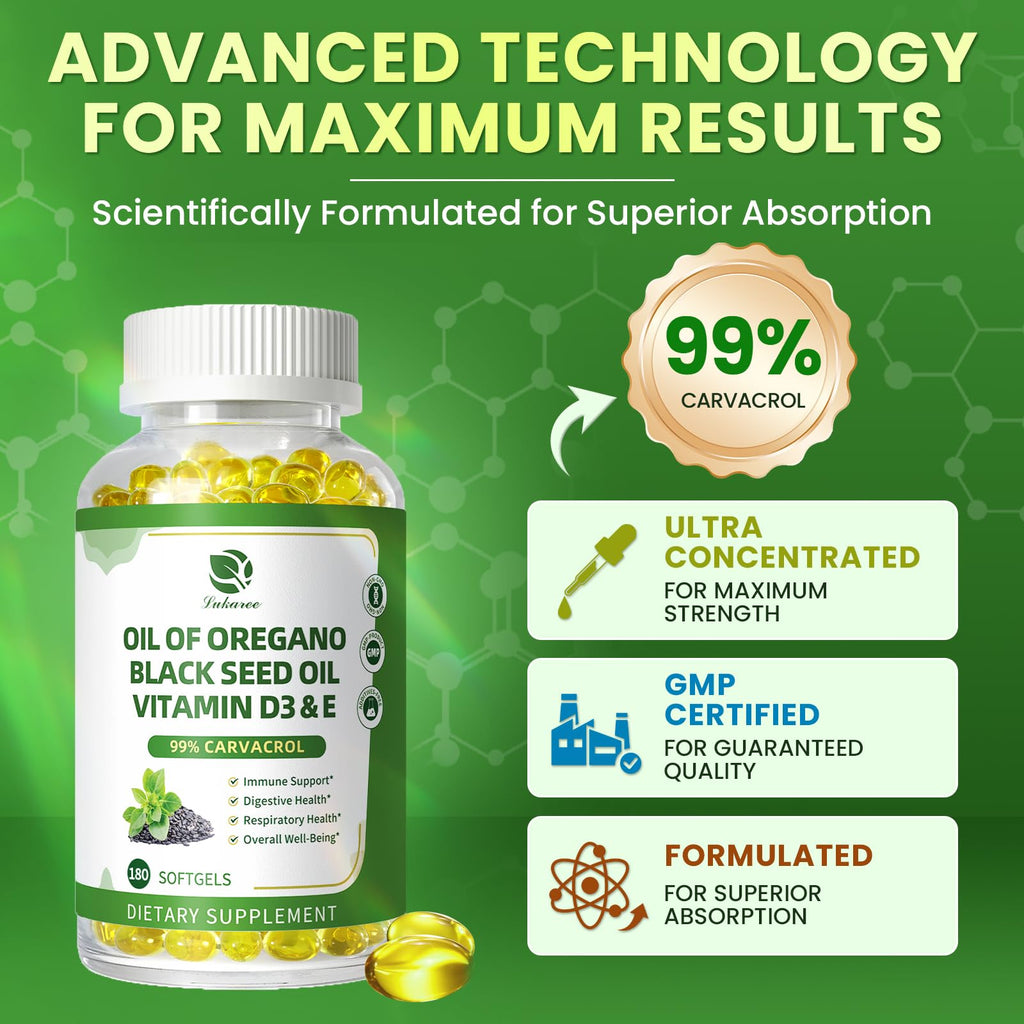 Organic Oregano Oil Capsules + Black Seed Oil | 99% Carvacrol, 180 Softgels