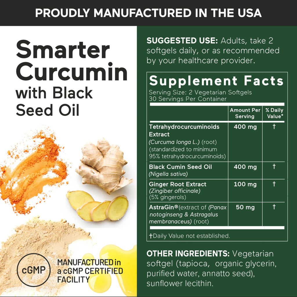 SMARTERNUTRITION Curcumin Softgels – Vegan High Absorption 400 mg Turmeric with Black Seed Oil & Ginger – 95% Tetrahydrocurcuminoids, Non-GMO, USA Manufactured – 60 Ct